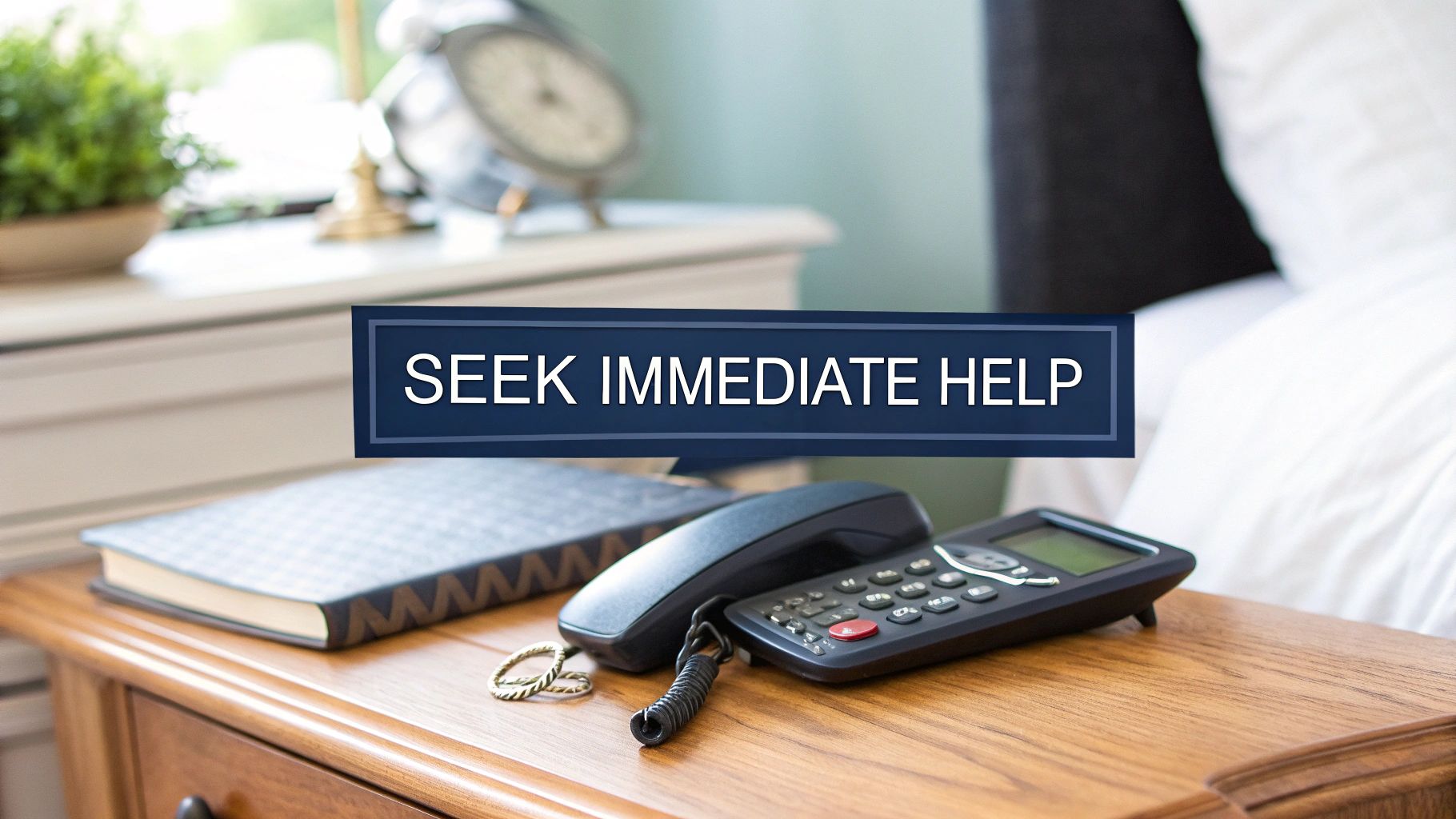A bedside table with a landline phone, a book, and a ring, overlaid with a banner saying 'SEEK IMMEDIATE HELP'.