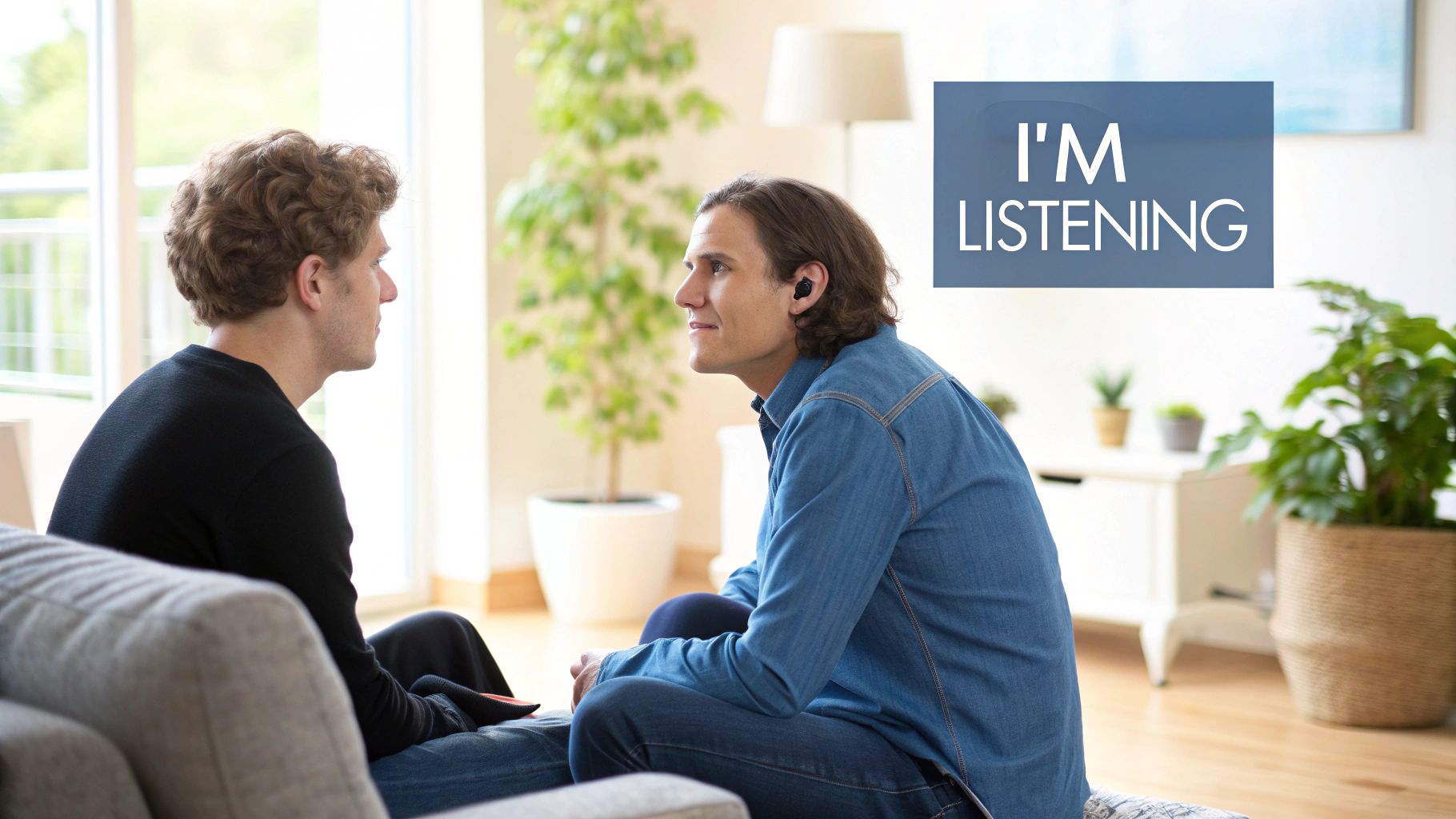 Two people having a supportive conversation on a couch