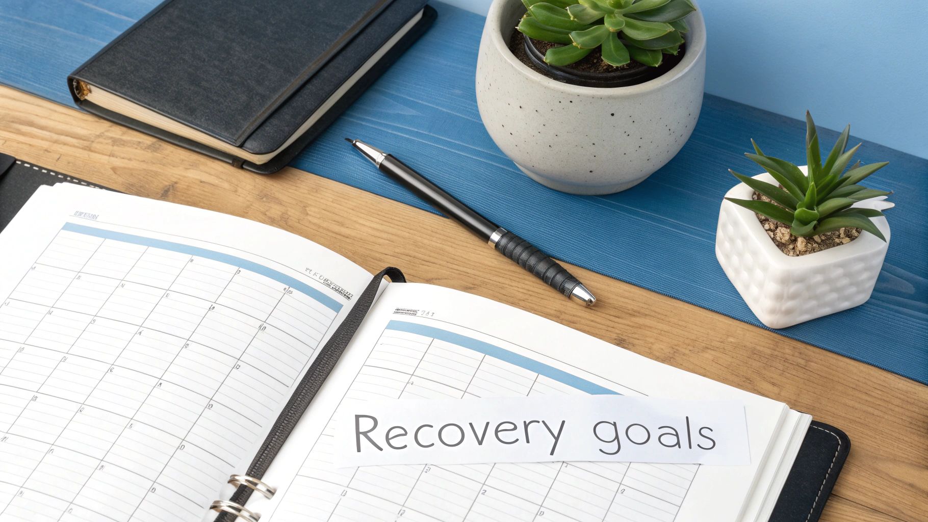 An open planner with 'Recovery goals' written on a paper, a pen, and two succulent plants on a desk.