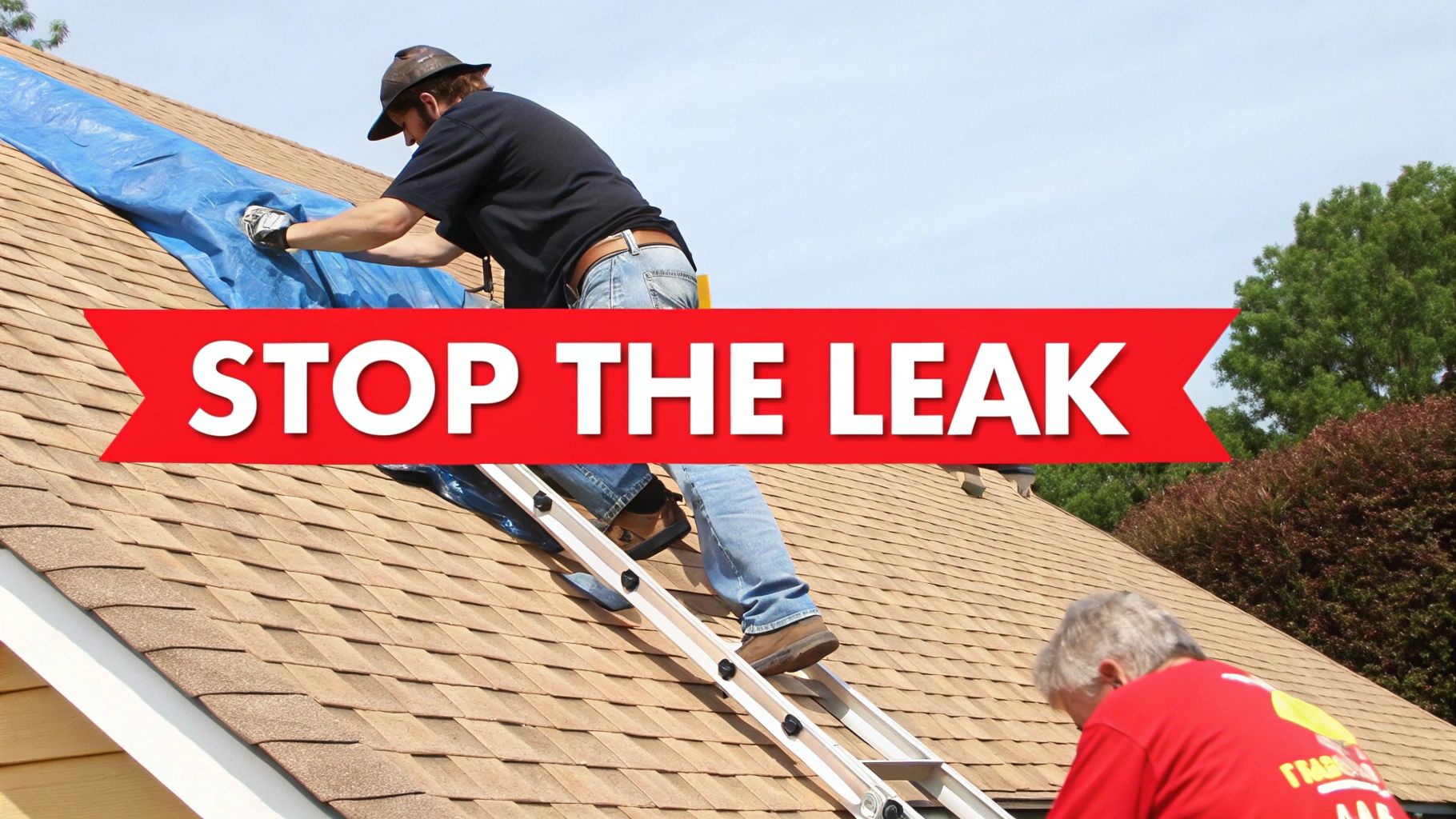Two roofers installing a blue tarp on a shingle roof with a 'STOP THE LEAK' banner.