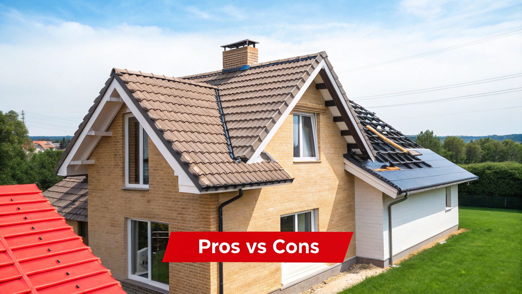 House with both metal and tile roofing materials showing pros versus cons comparison overlay
