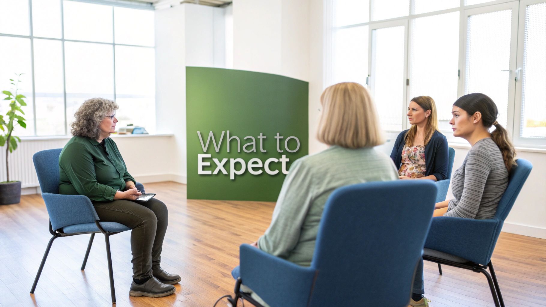 Four women participate in a group meeting or therapy session with a 'What to Expect' sign.