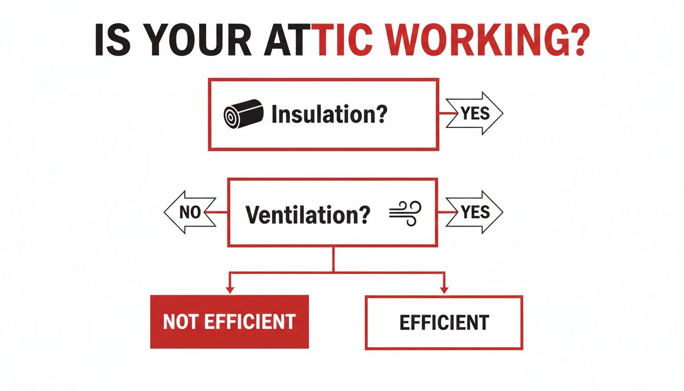 Flowchart assessing attic efficiency based on the presence of insulation and ventilation.