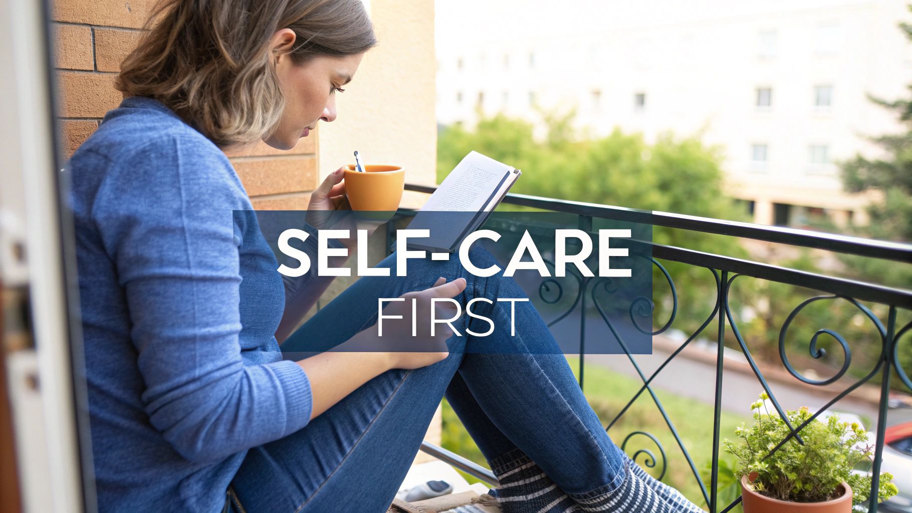 A woman enjoys self-care, reading a book and drinking from a mug on a balcony.