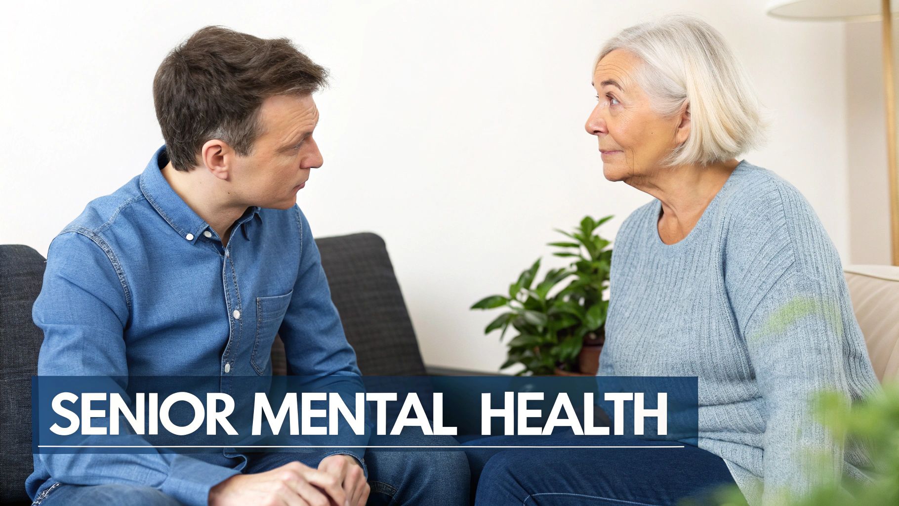 A man and an elderly woman seriously discussing mental health, perhaps a therapy session.