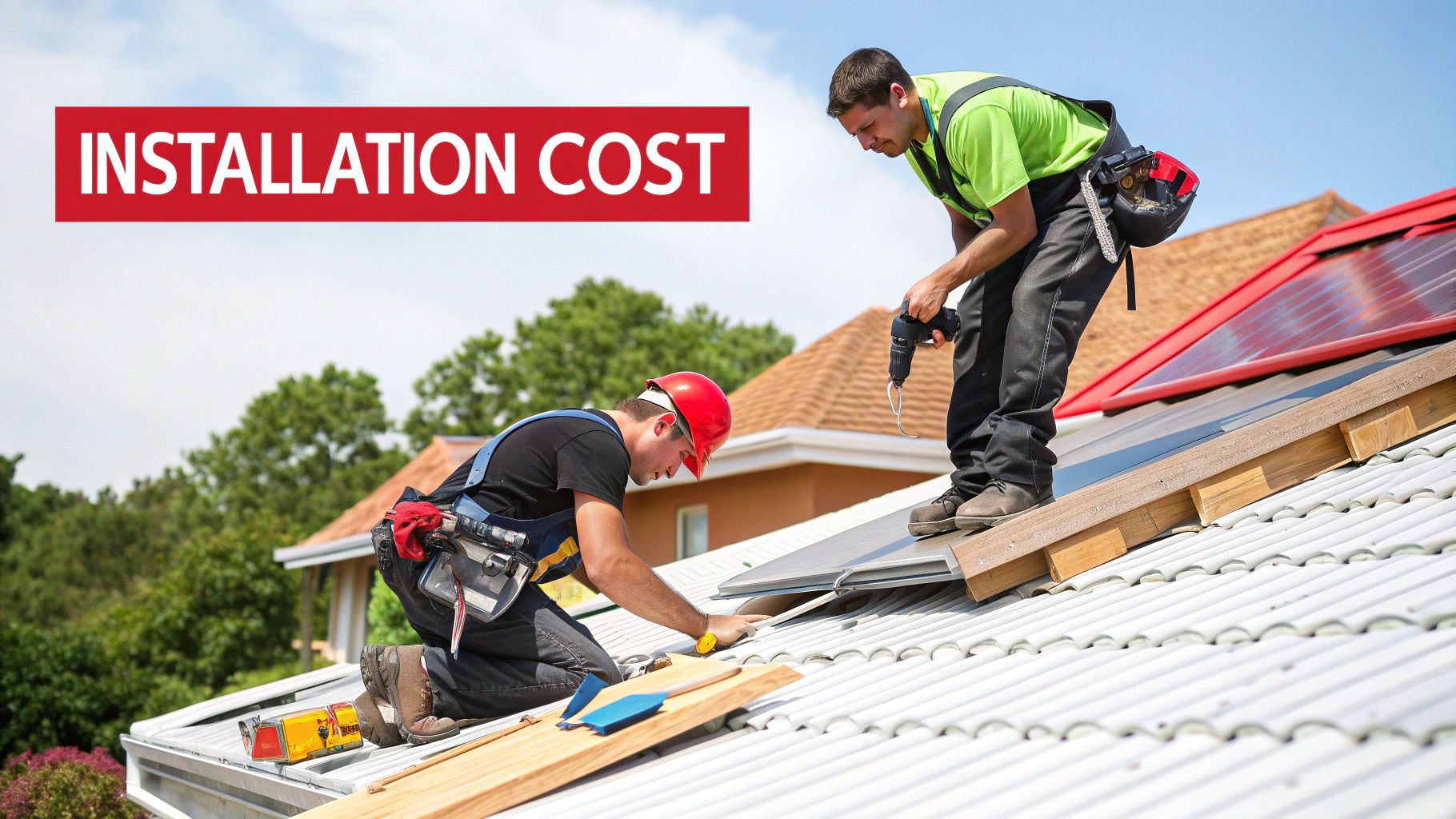 Two professional roofers carefully installing a new standing seam metal roof.