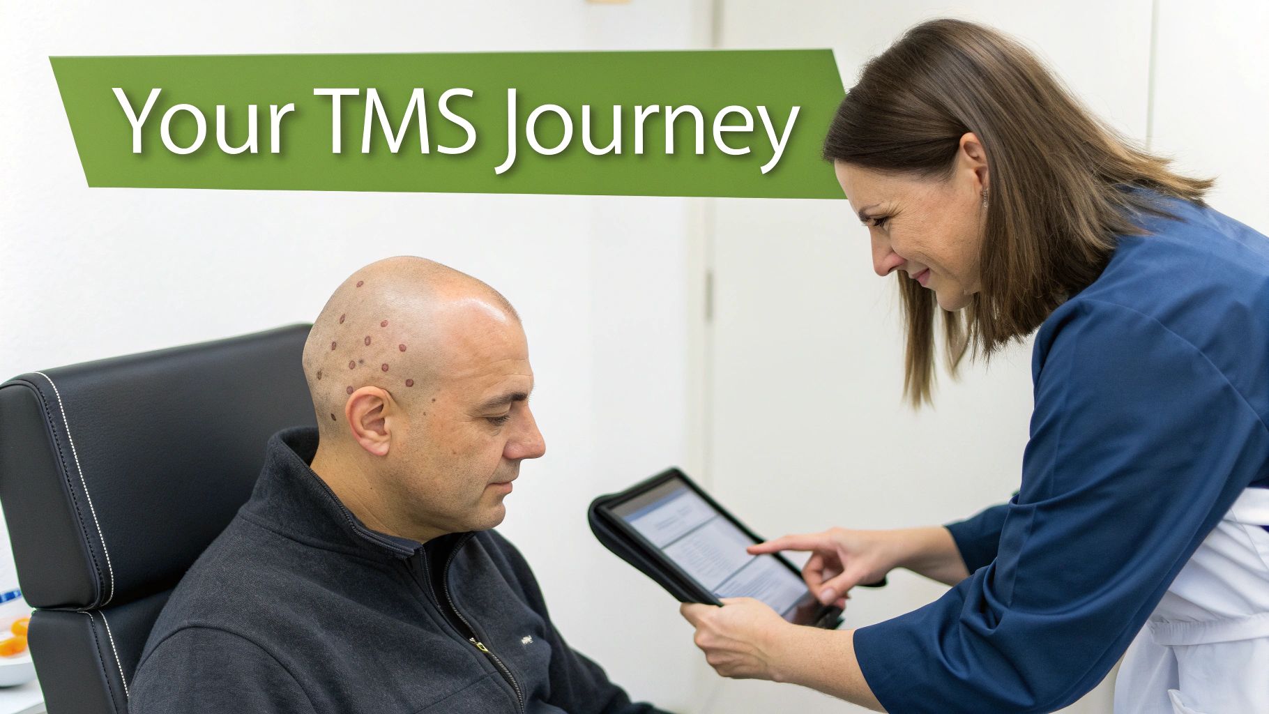 A patient relaxing in a chair during a TMS therapy session, with a clinician nearby.