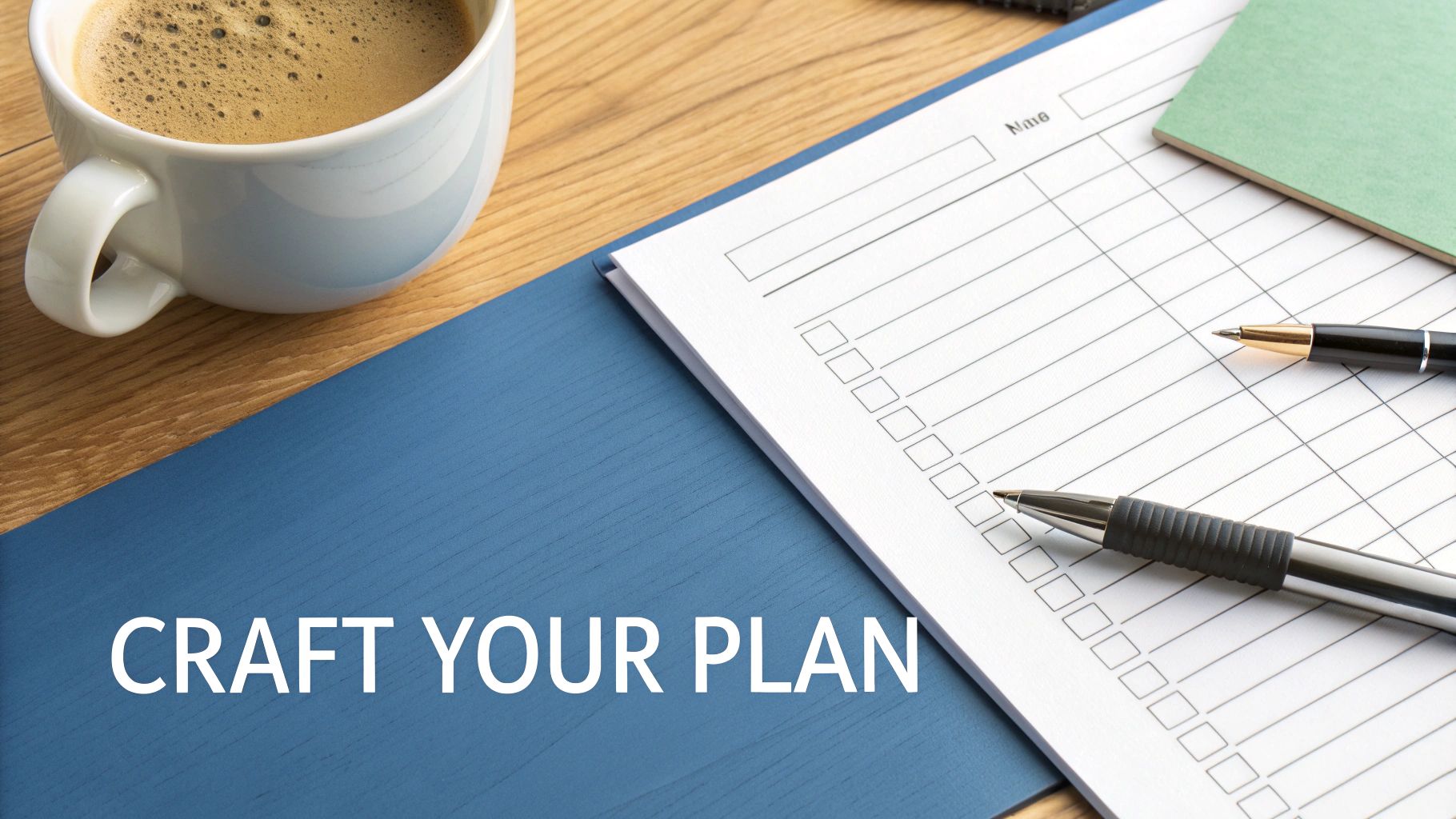 A desktop scene featuring a coffee cup, two pens, a checklist, and the text 'CRAFT YOUR PLAN'.