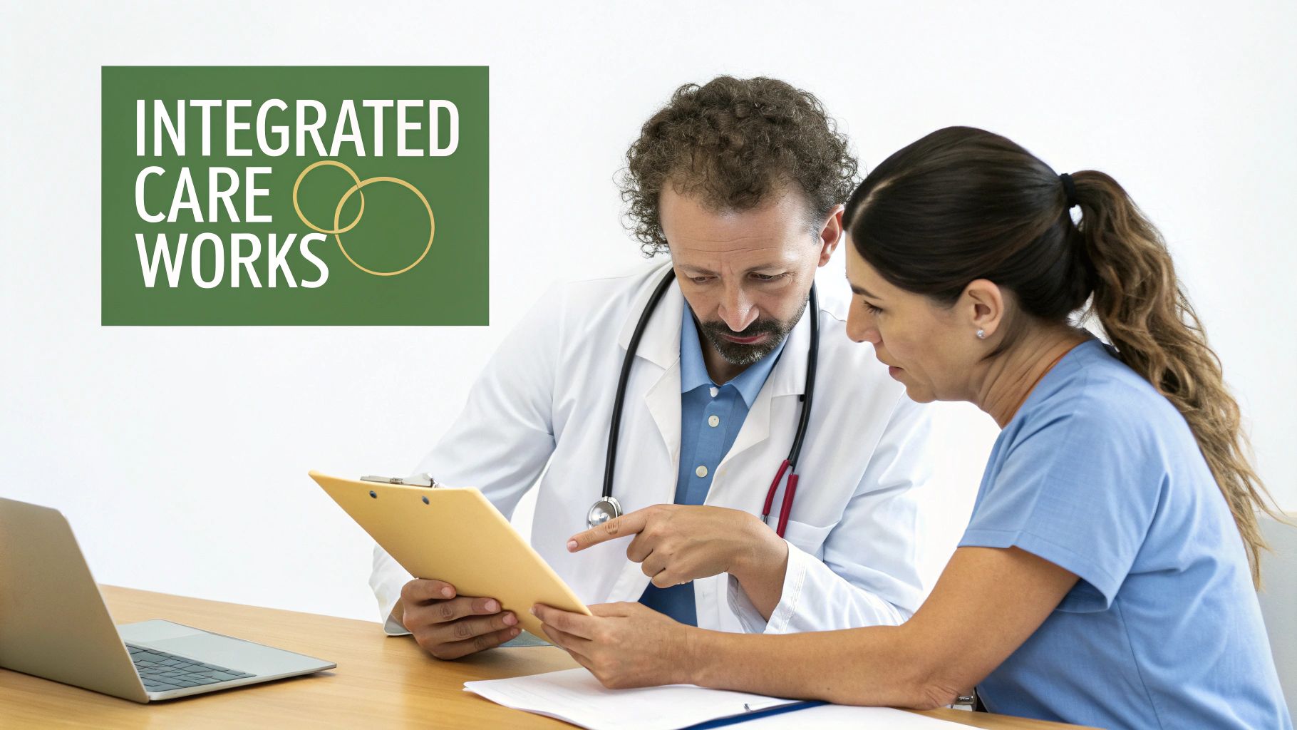 A male doctor points at a clipboard while a female healthcare professional reviews documents beside him.