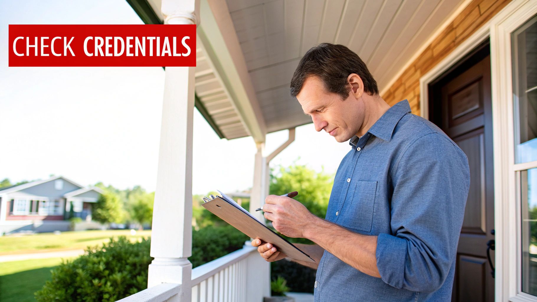 A professional roofer wearing a safety harness and helmet inspects a residential shingle roof under a clear sky.