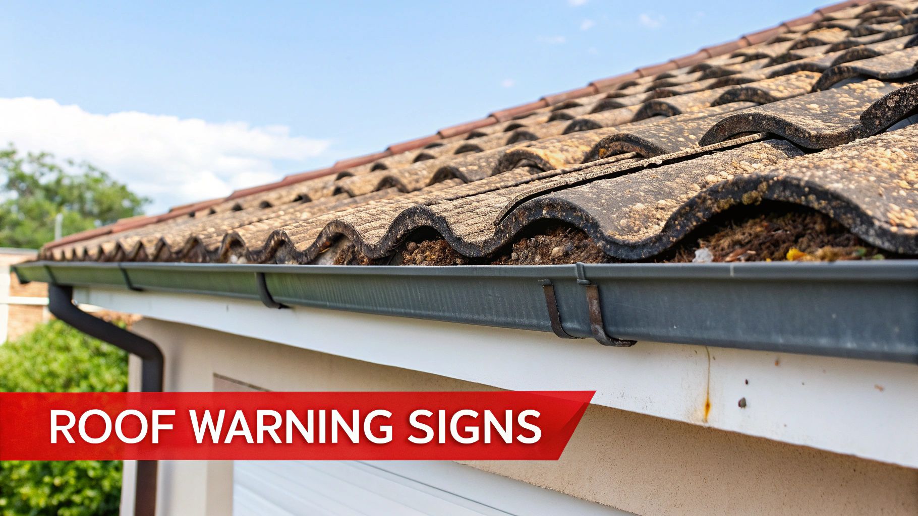 A well-maintained residential roof under a clear blue sky, showing its durable shingles.