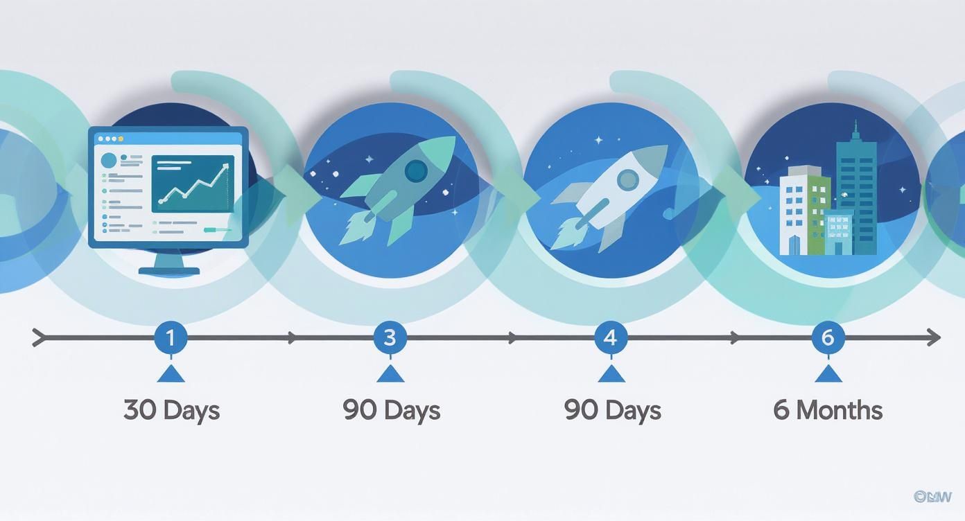 How to Improve Customer Retention Business growth timeline showing four phases from planning to expansion over six months with rocket and building icons