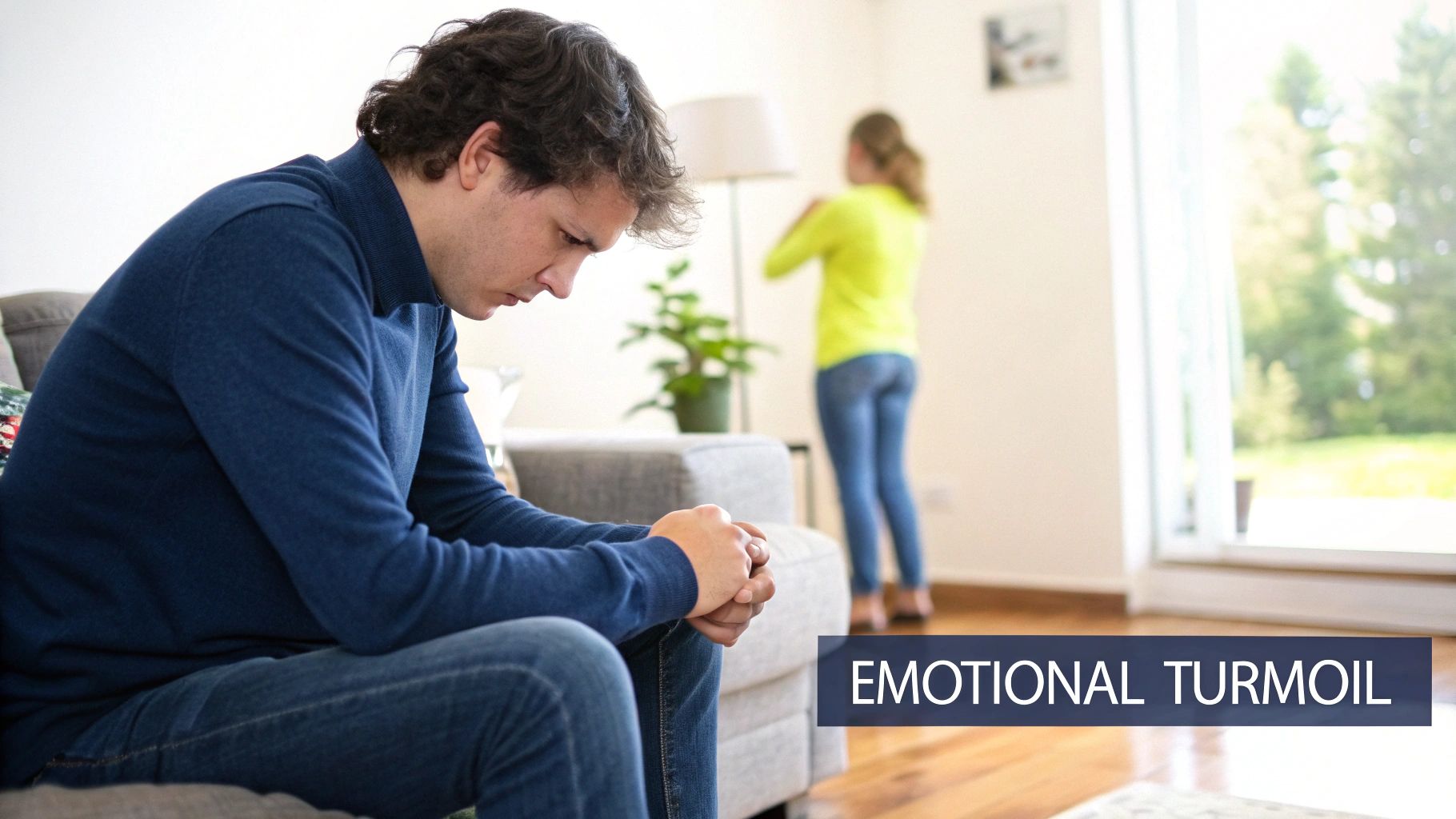 A person sitting alone, looking stressed, with their head in their hands.