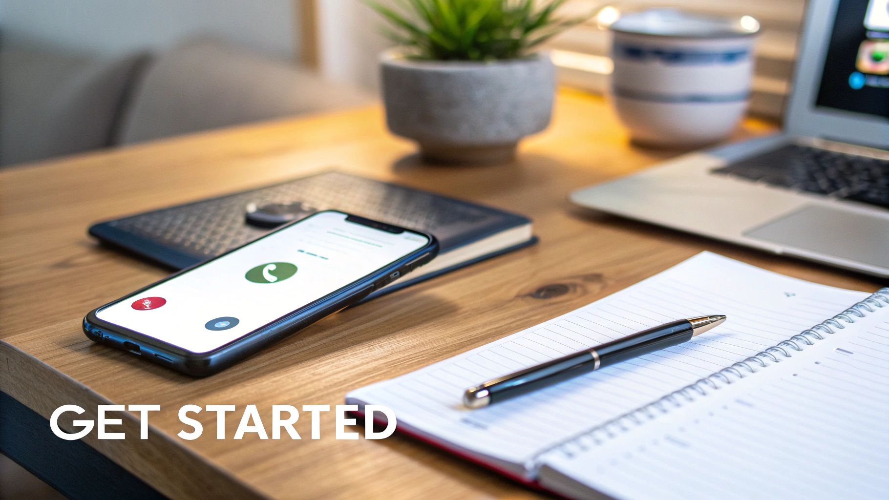 A modern workspace with a smartphone showing a call screen, notebook, pen, and laptop on a wooden desk.