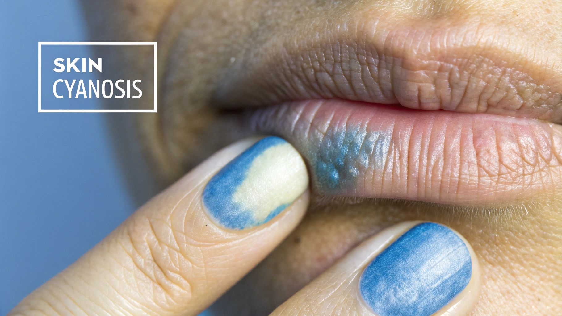 Bluish lips and skin, a sign of cyanosis from an overdose.