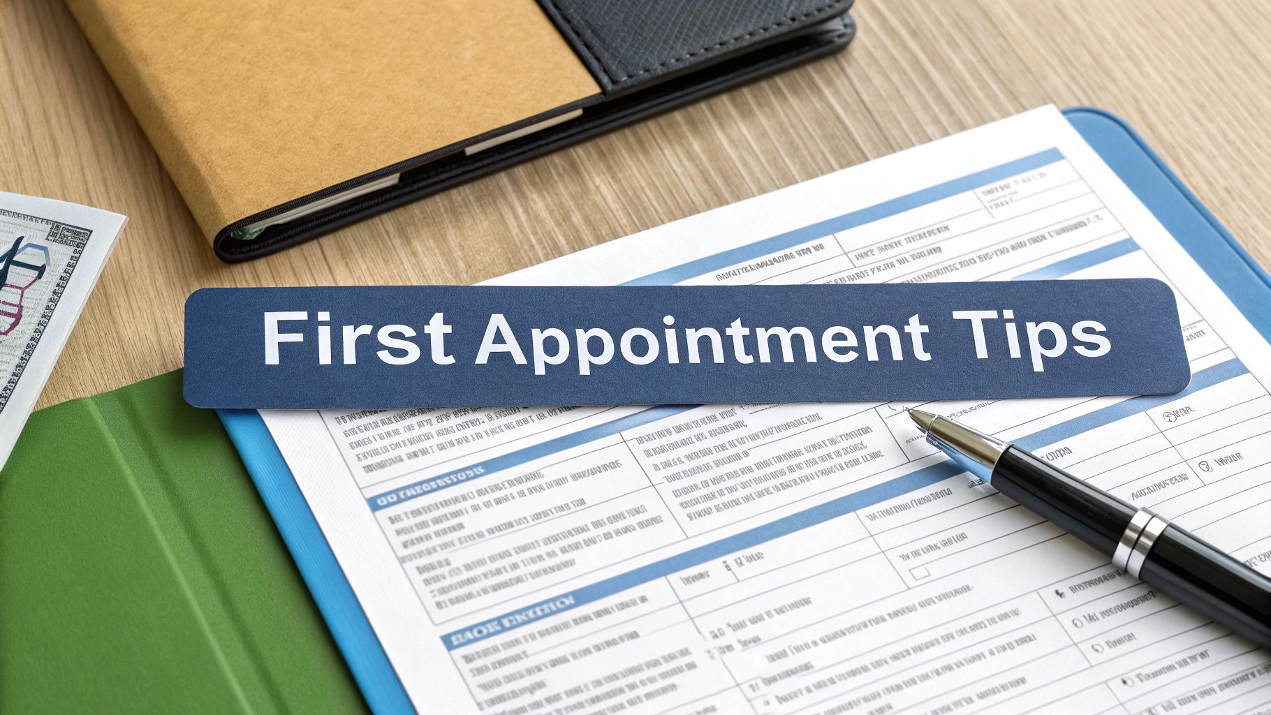 First appointment tips document on clipboard with pen and wallet for mental health clinic visit