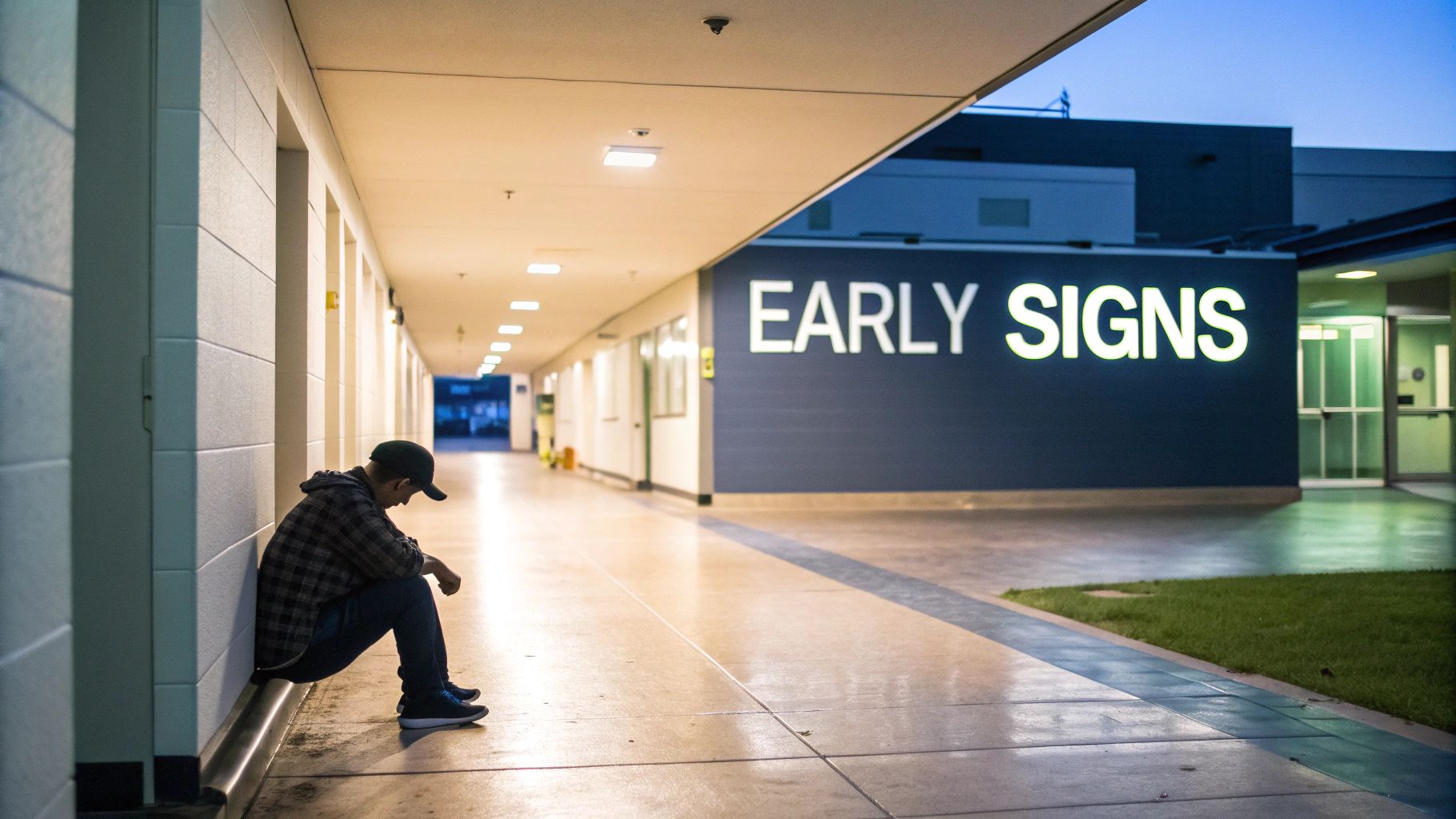 A solitary person sits on the floor in a hallway with the words 'EARLY SIGNS' illuminated.