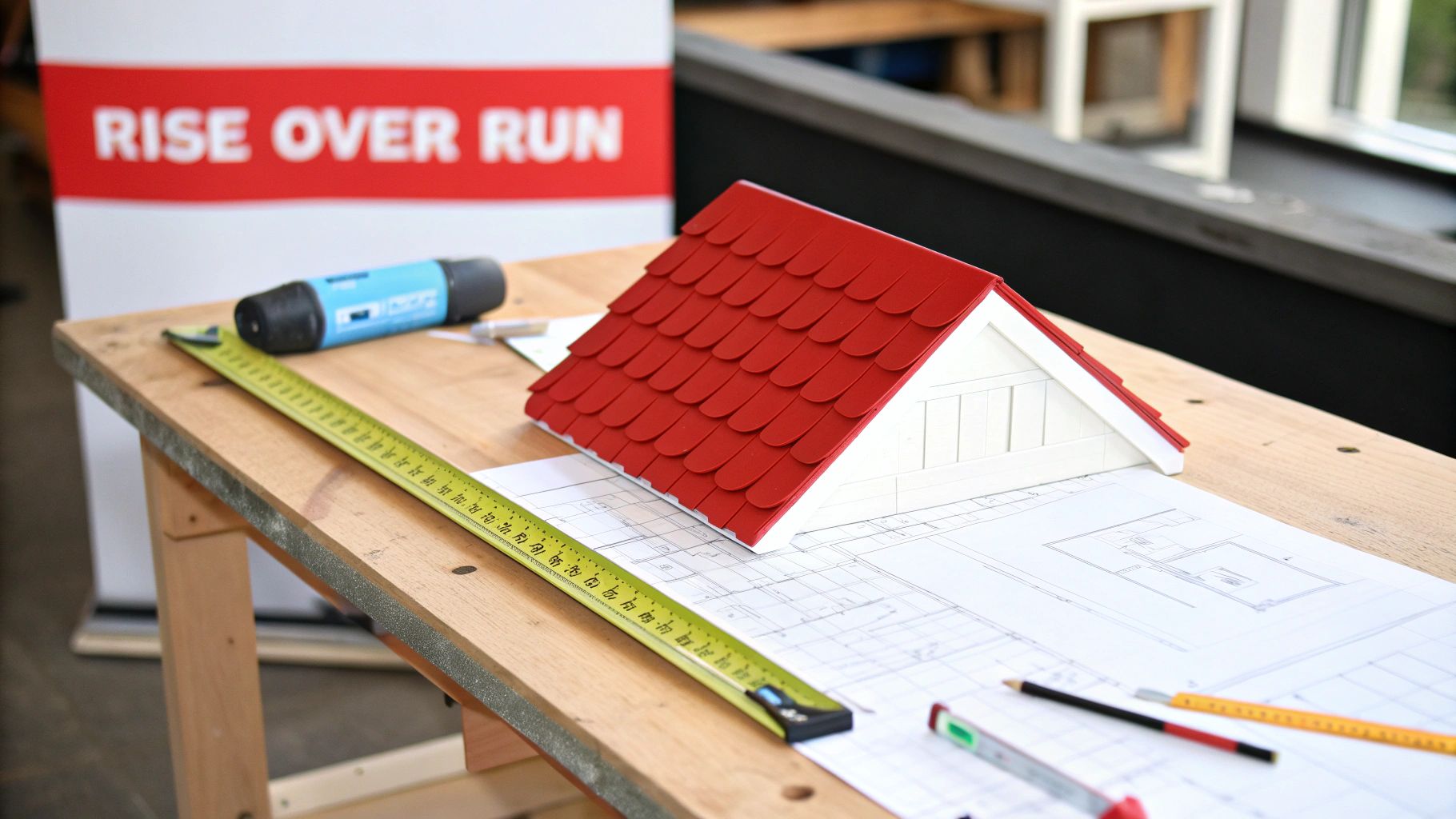 Miniature house model with red roof, blueprints, and tools on a wooden table, banner in background.