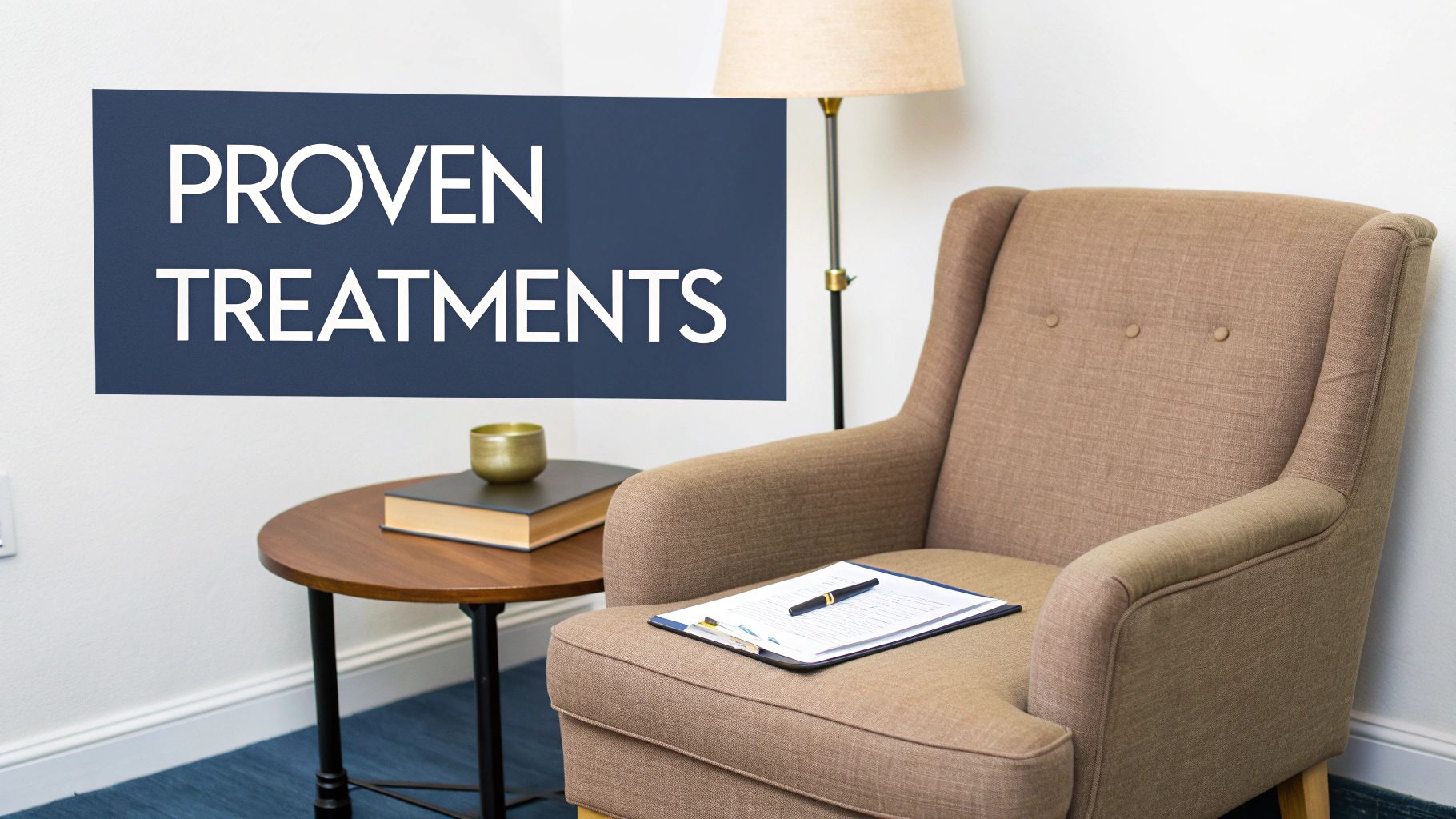 A blue sign with 'PROVEN TREATMENTS' hangs above a comfortable armchair and a small table.