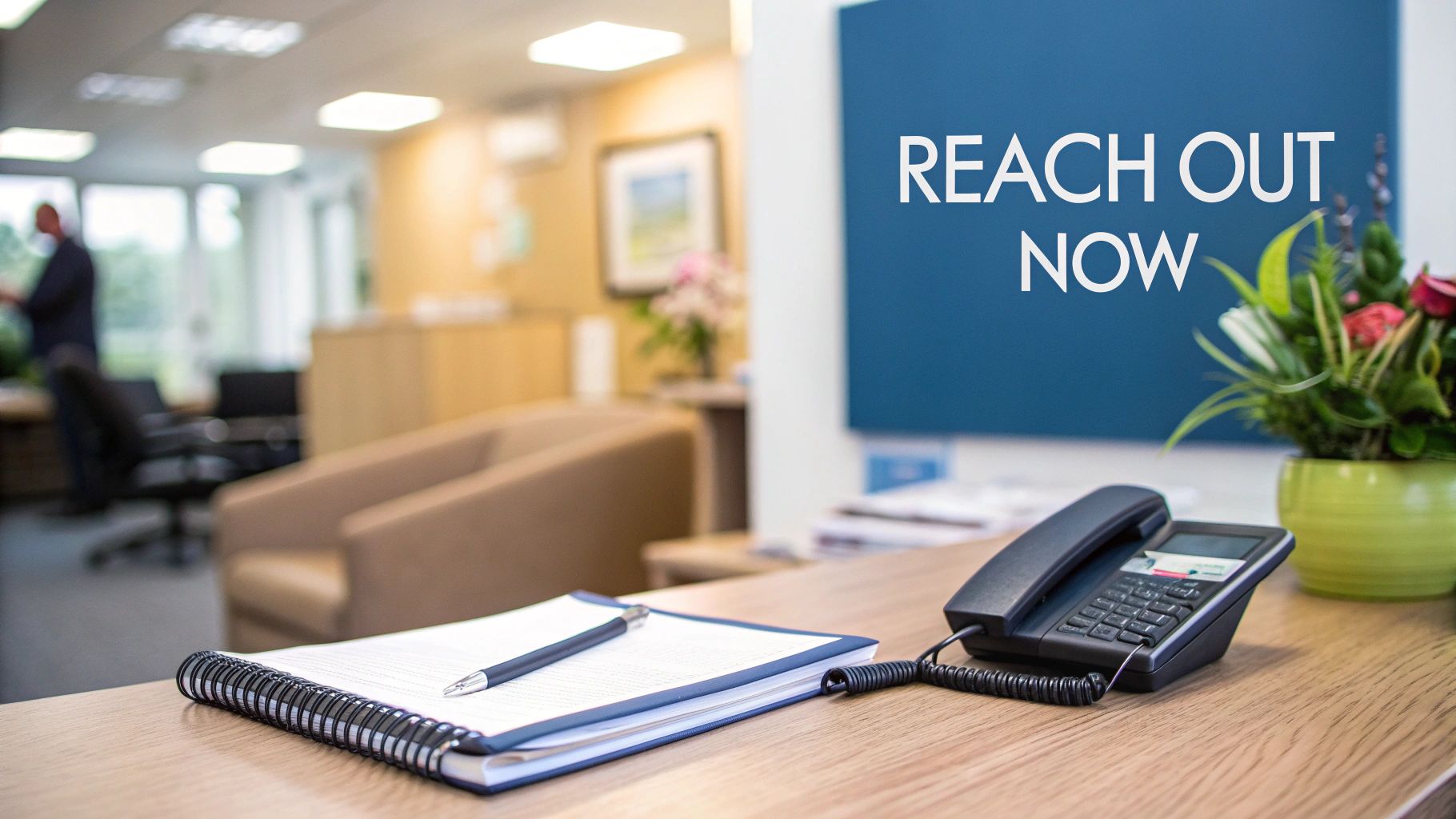 Office reception desk with telephone, notebook, and reach out now sign encouraging contact