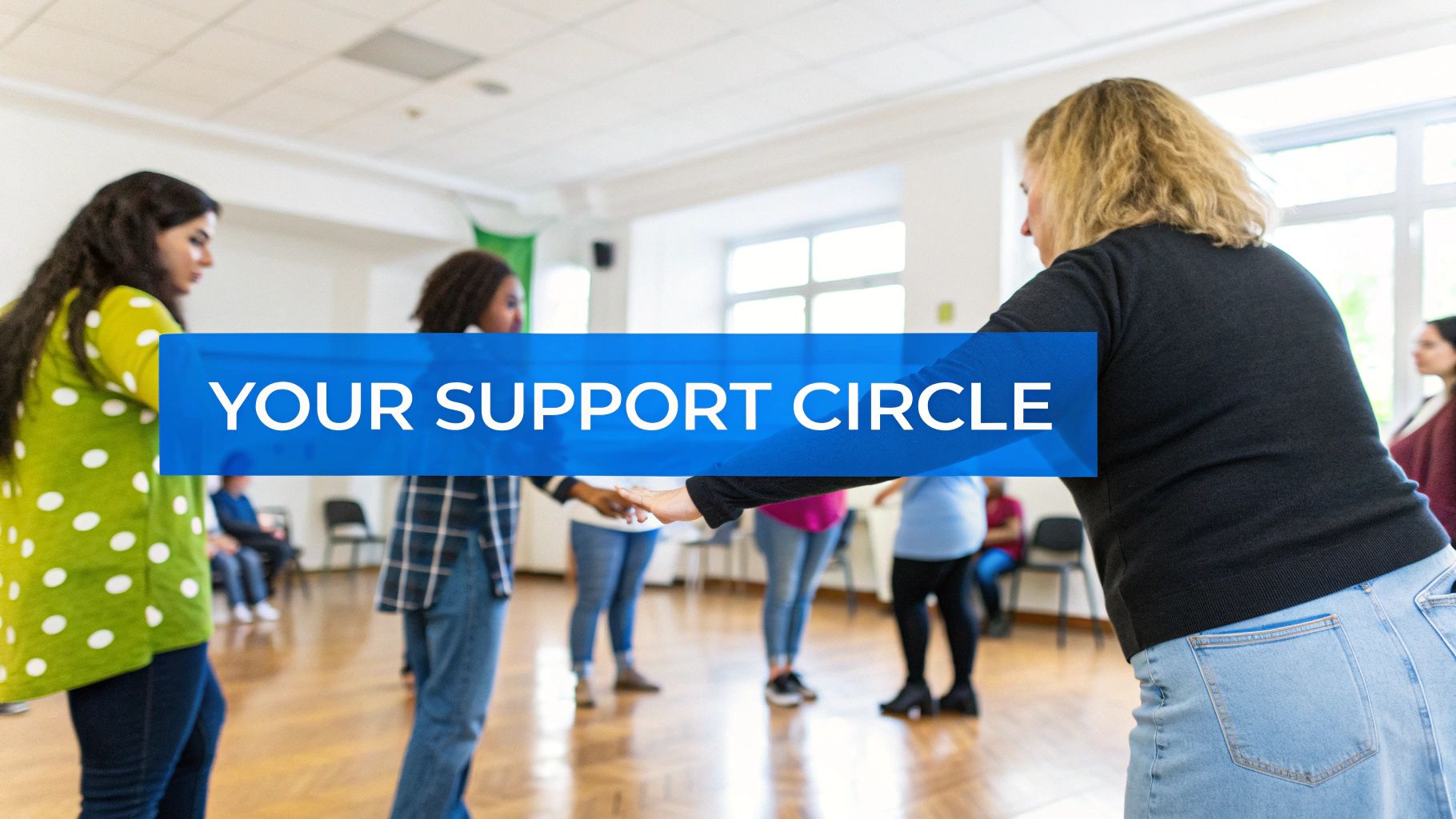 A group of diverse people sitting in a circle of chairs, offering support and listening to each other.