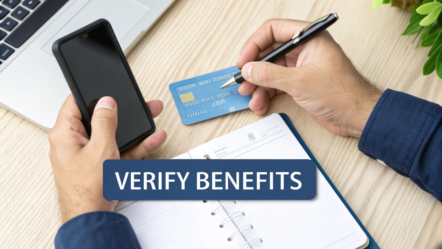 A person holding a smartphone and pen, with a credit card, notebook, and a 'VERIFY BENEFITS' banner.