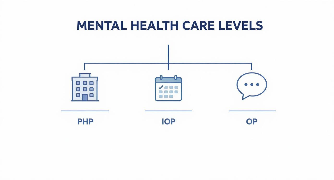 A diagram titled 'Mental Health Care Levels' showing three options: PHP (building icon), IOP (calendar icon), and OP (speech bubble icon).