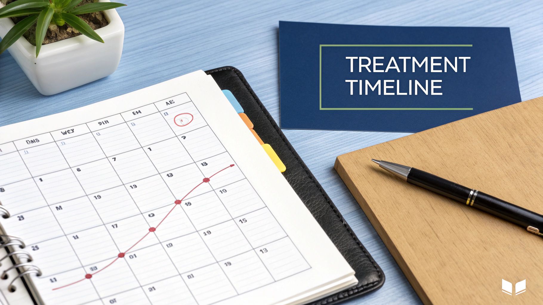 A calendar, 'Treatment Timeline' card, and pen on a blue desk, symbolizing medical planning.