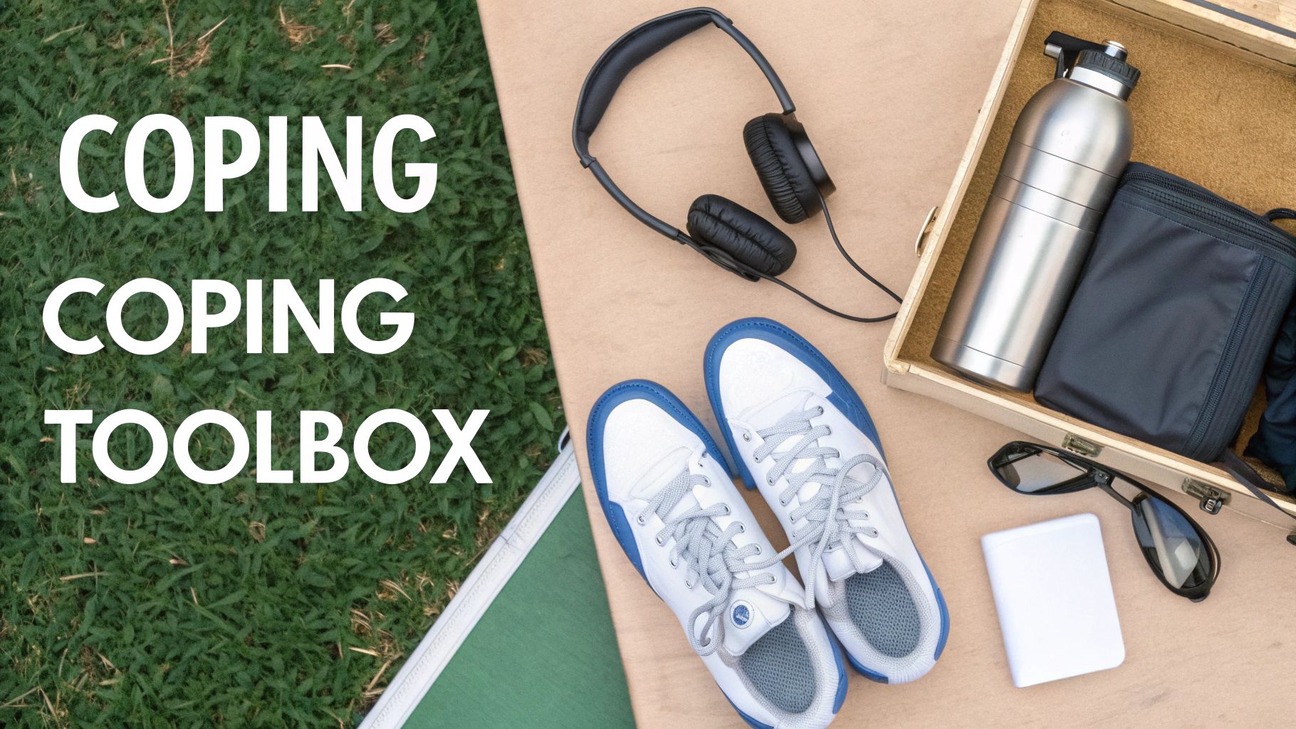 A flat lay of a coping toolbox with headphones, sneakers, water bottle, sunglasses, and a notebook.