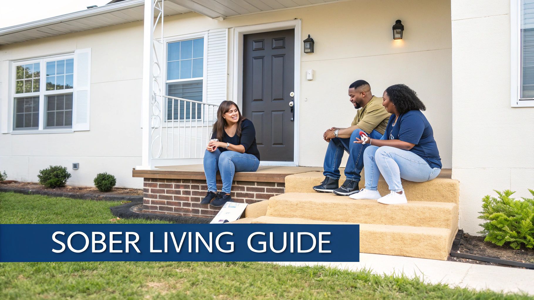 Three diverse people smiling and talking on the porch of a clean, well-maintained sober living home.