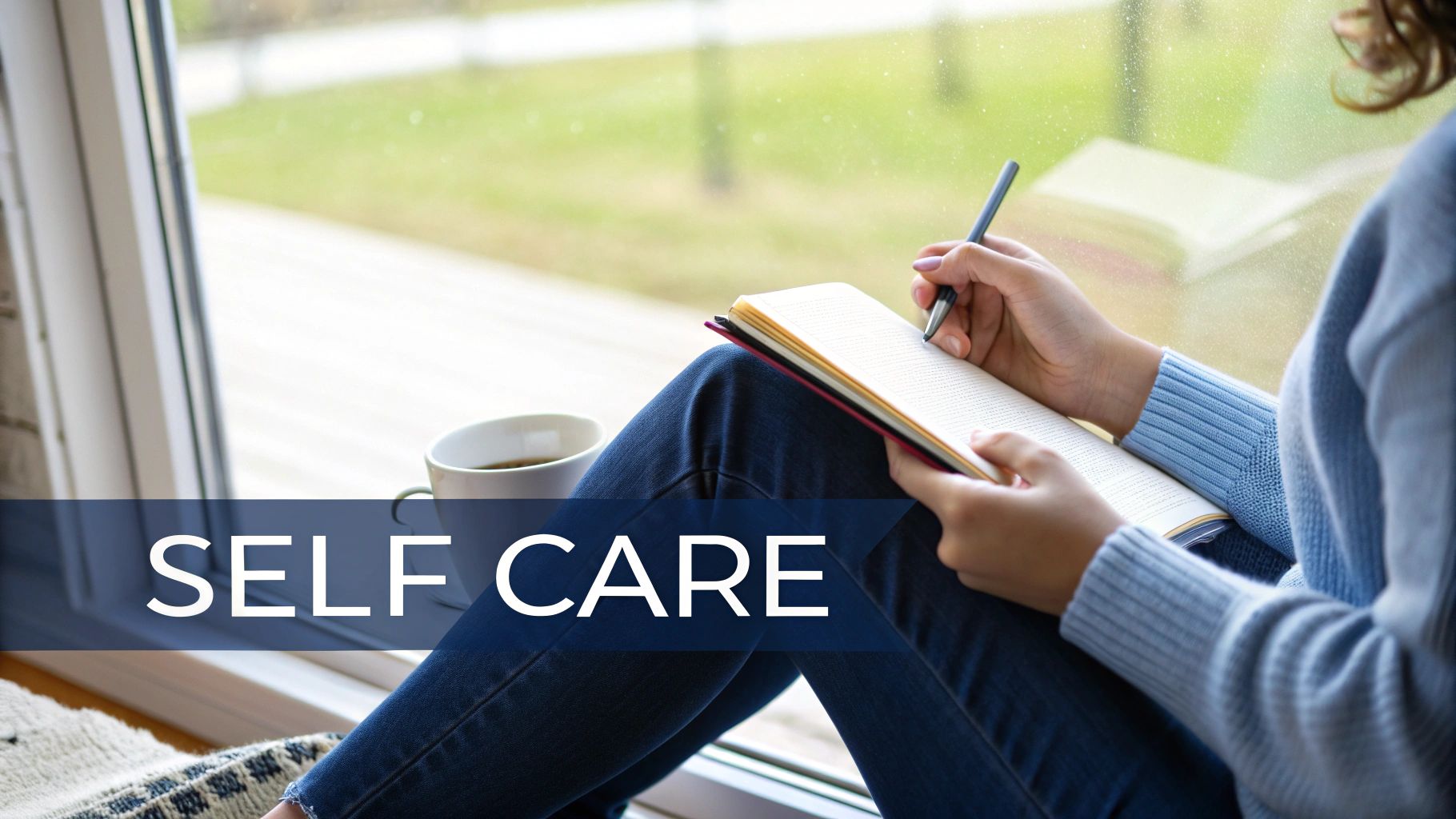 A person sitting peacefully on a yoga mat, practicing self-care and mindfulness at home.