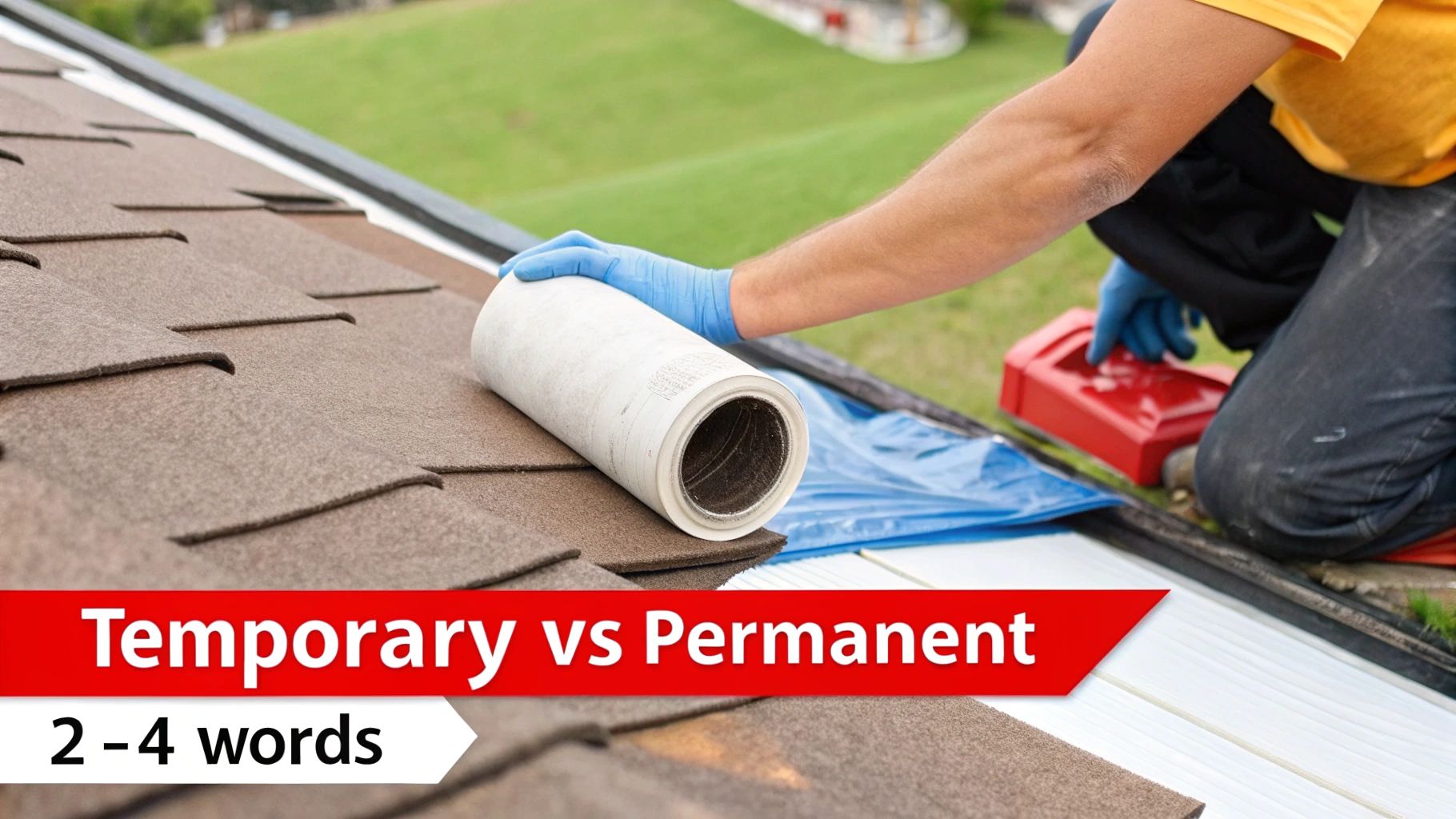 A person in blue gloves unrolls a white roofing material on a brown shingle roof, performing repair work.
