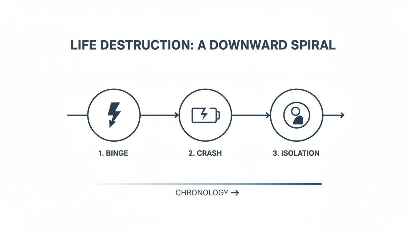 A flowchart showing the cycle of addiction: from binge to crash to isolation.