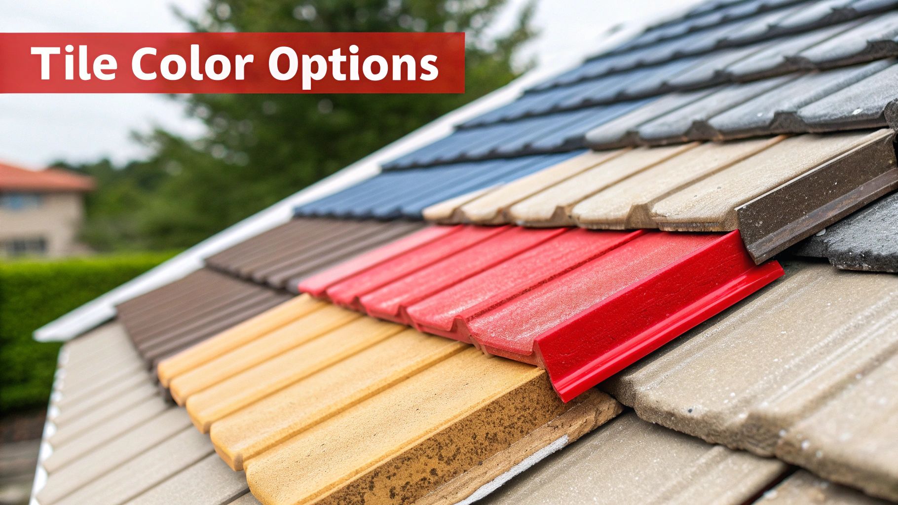 A close-up of a roof showcasing multiple tile color options including red, blue, and brown.