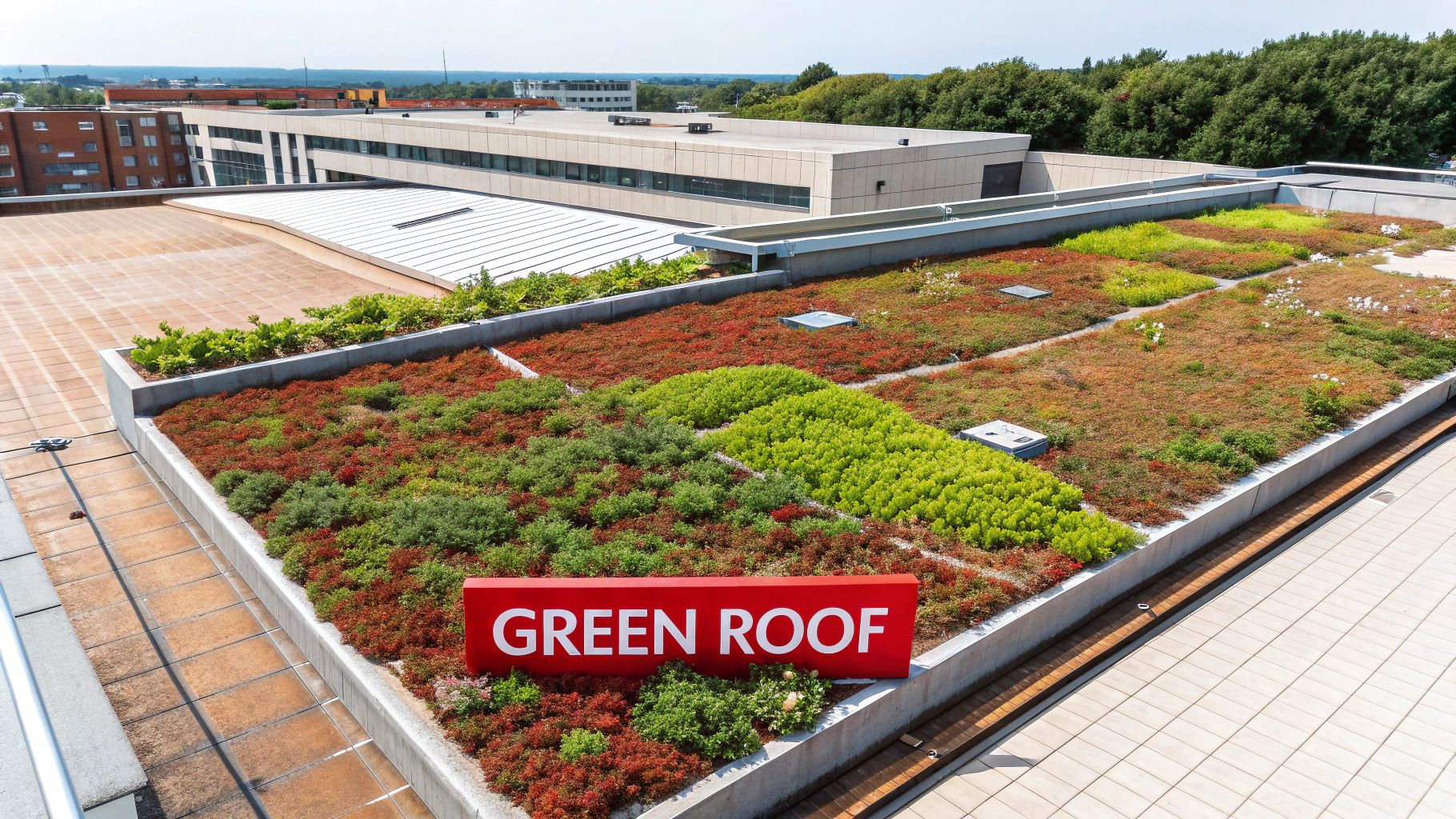A lush, modern green roof on a commercial building with various plants and a seating area.