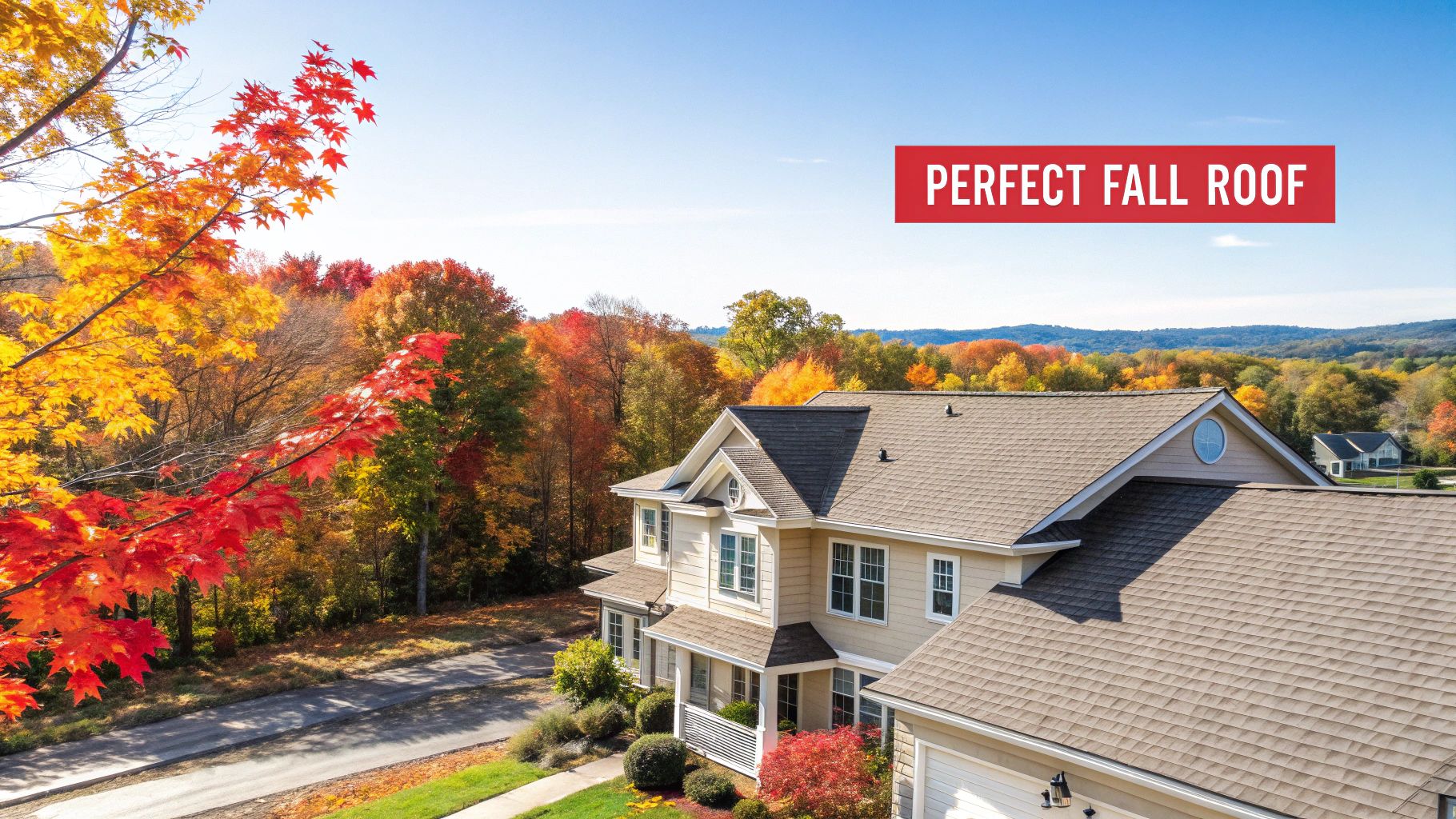 Two roofers installing new asphalt shingles on a sunny fall day.
