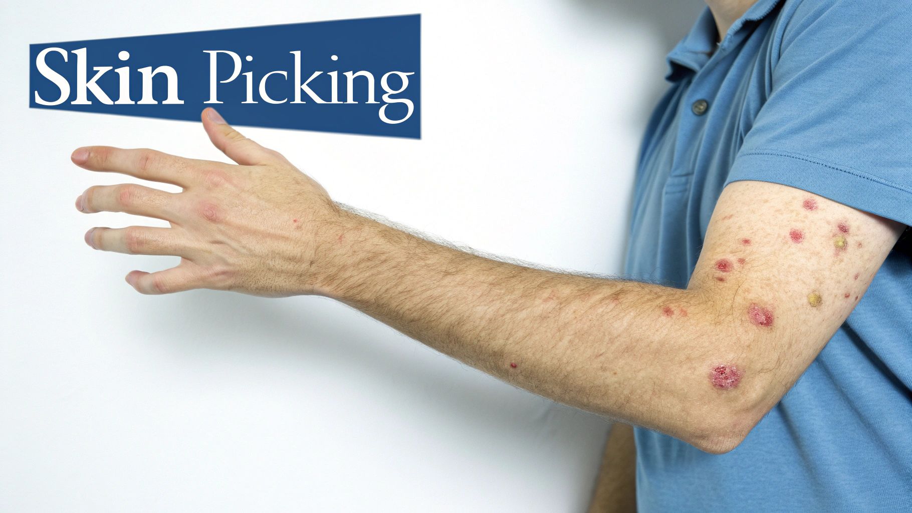 Close-up of a person's arm showing multiple red, inflamed lesions and scabs from chronic skin picking.