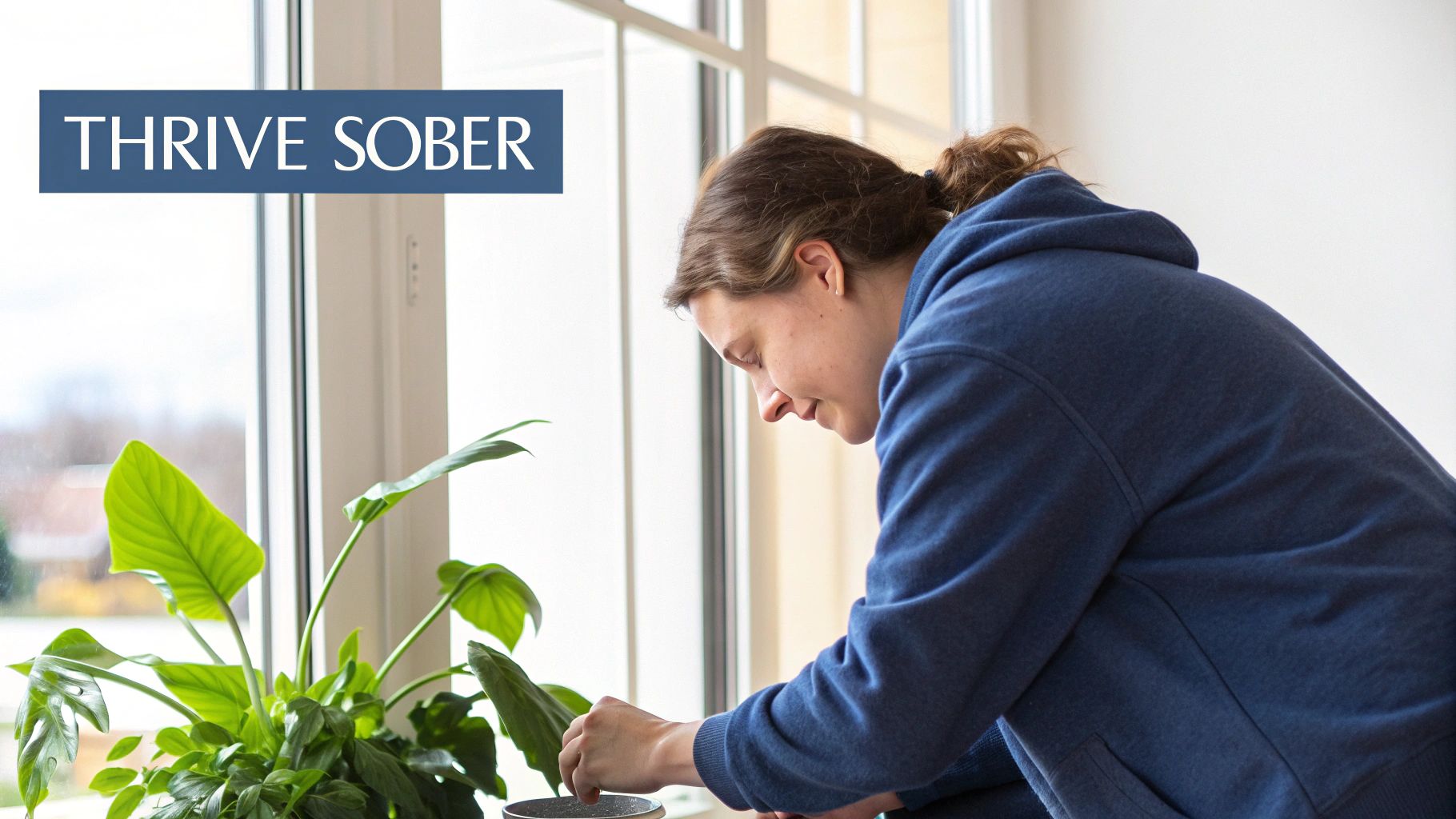 A person in a blue hoodie attentively cares for a potted plant by a window, with 'THRIVE SOBER' text.