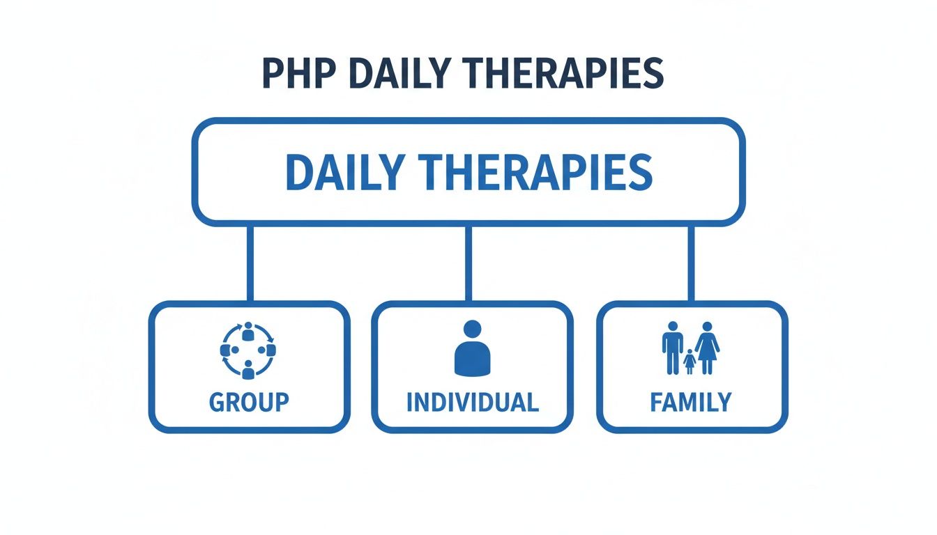 Diagram illustrating PHP daily therapies including Group, Individual, and Family therapy options.