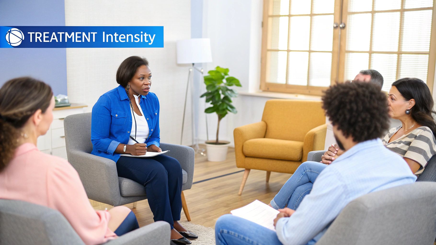 A therapist and a patient sit in a well-lit room, engaged in a serious but supportive conversation.