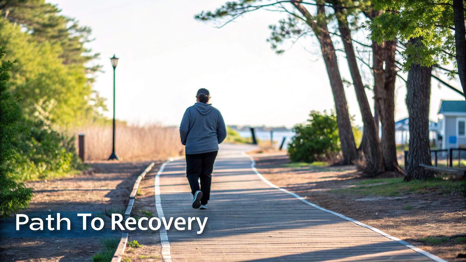 A person walks along a sunlit boardwalk path, symbolizing a journey of recovery.