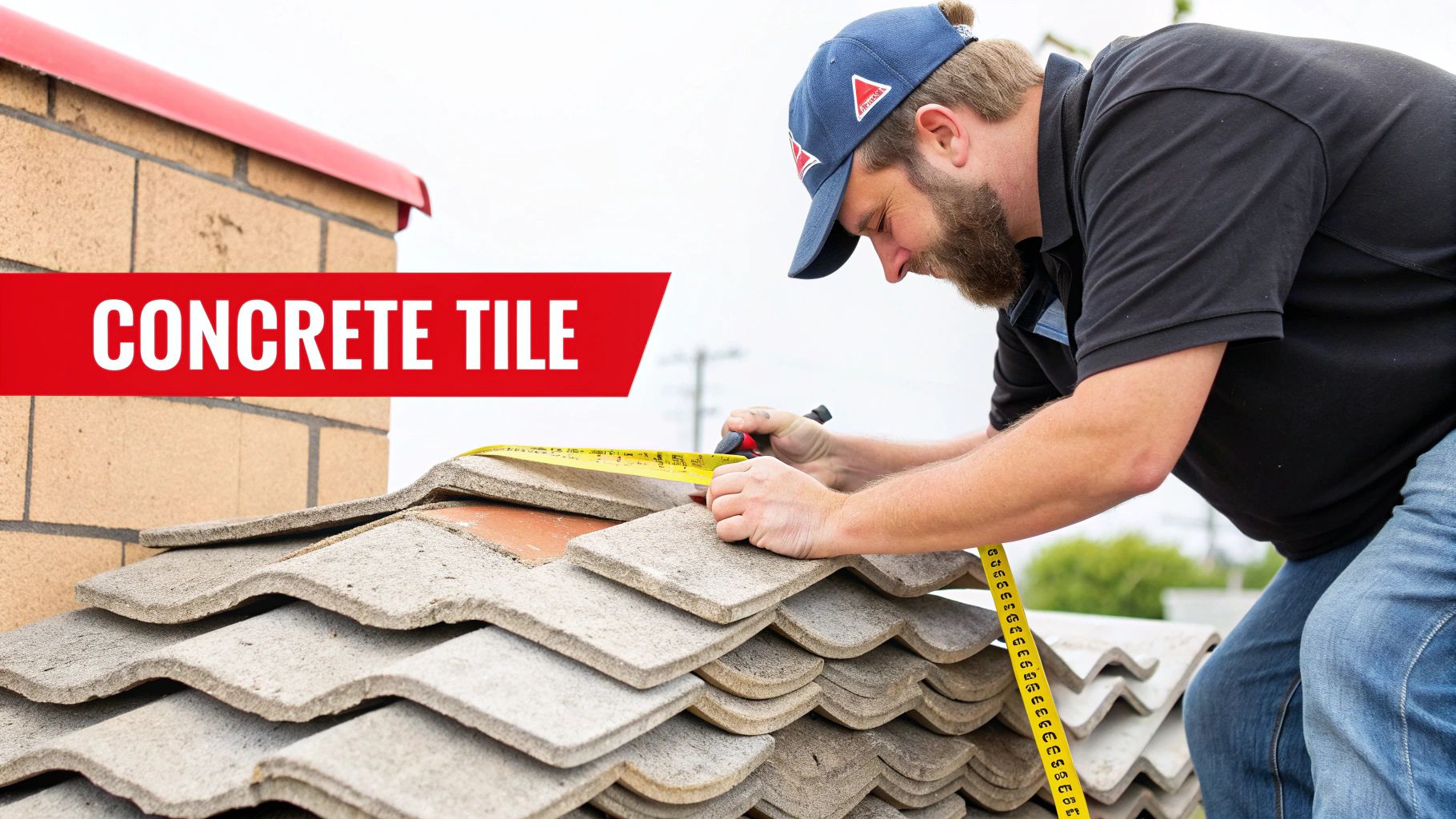 A man measures stacked concrete roof tiles with a yellow tape measure, preparing them.