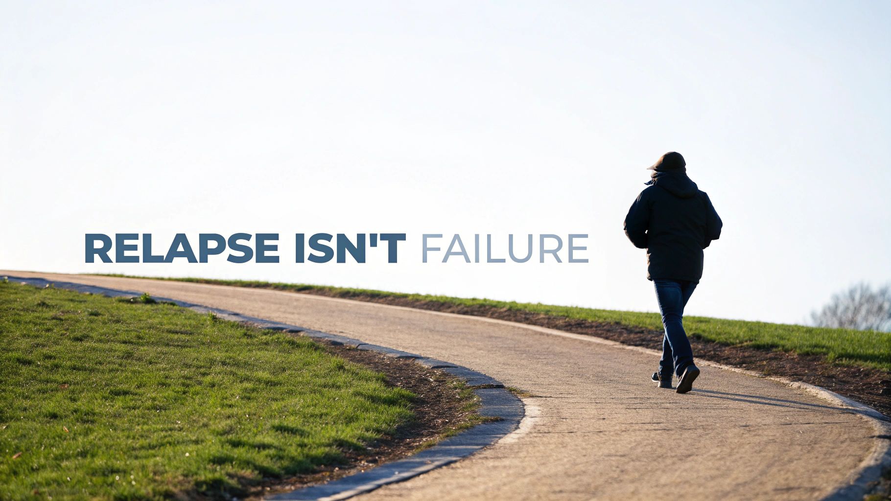 A person walks on a winding path under a clear sky, with text 'RELAPSE ISN'T FAILURE'.