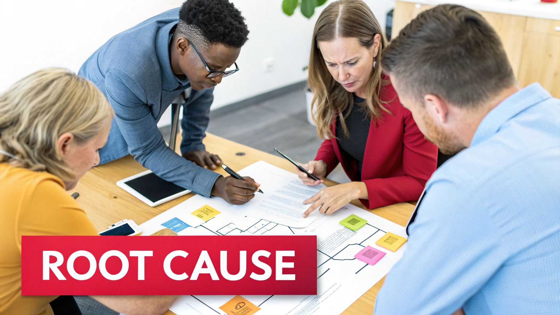 Four diverse professionals collaborate on a root cause analysis, reviewing documents and a process map.