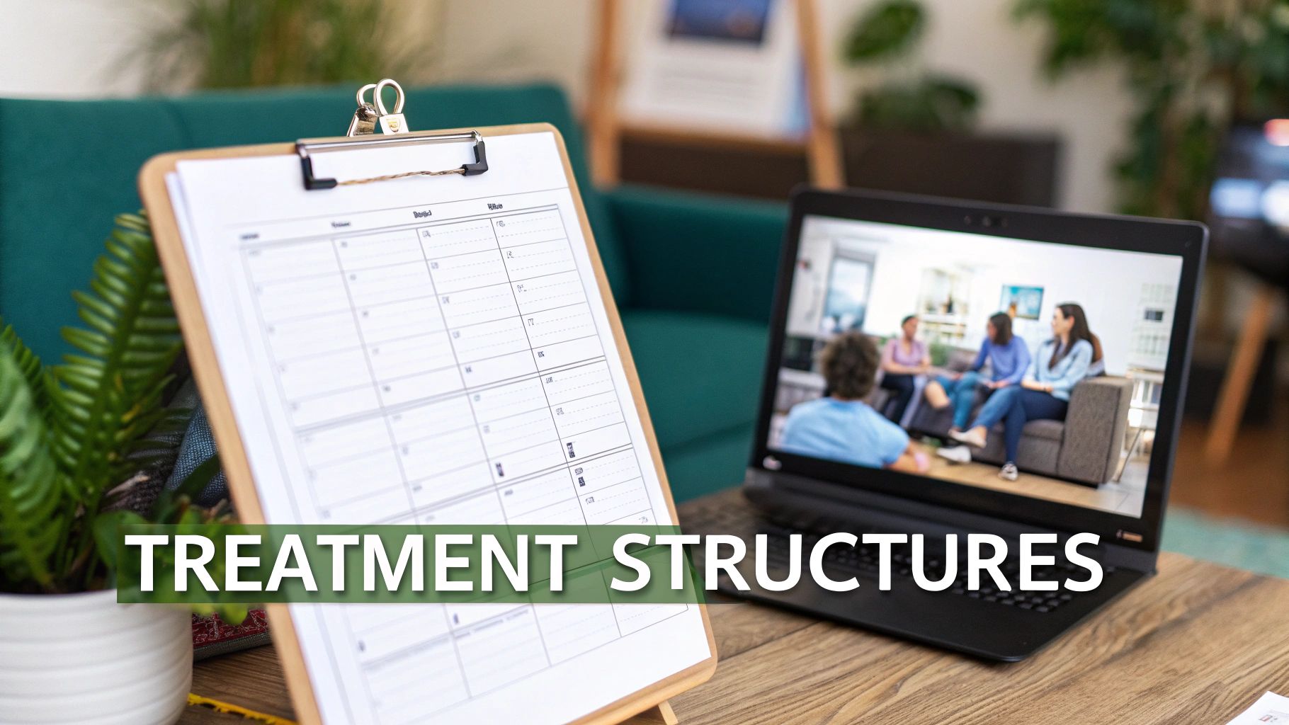 A clipboard with a detailed treatment schedule next to a laptop displaying a virtual group therapy session.