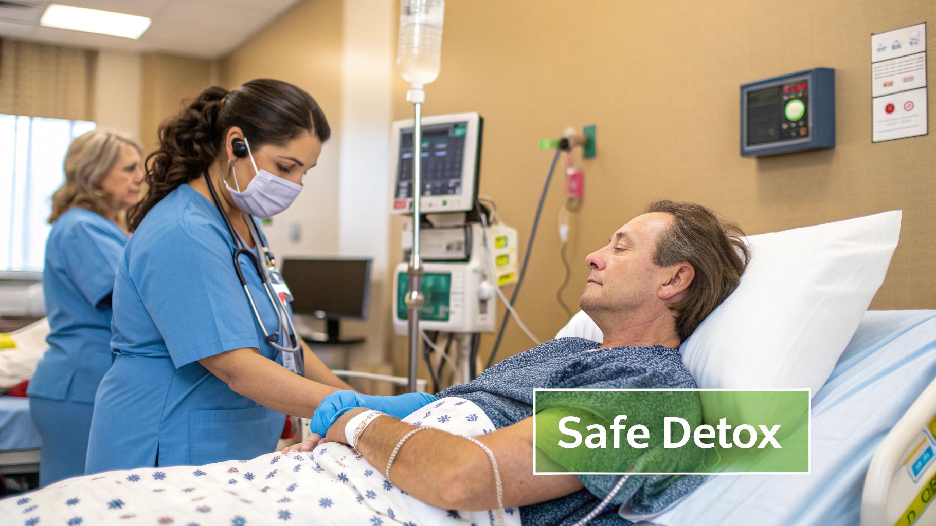 A medical professional compassionately checking a patient's vital signs in a detox facility.