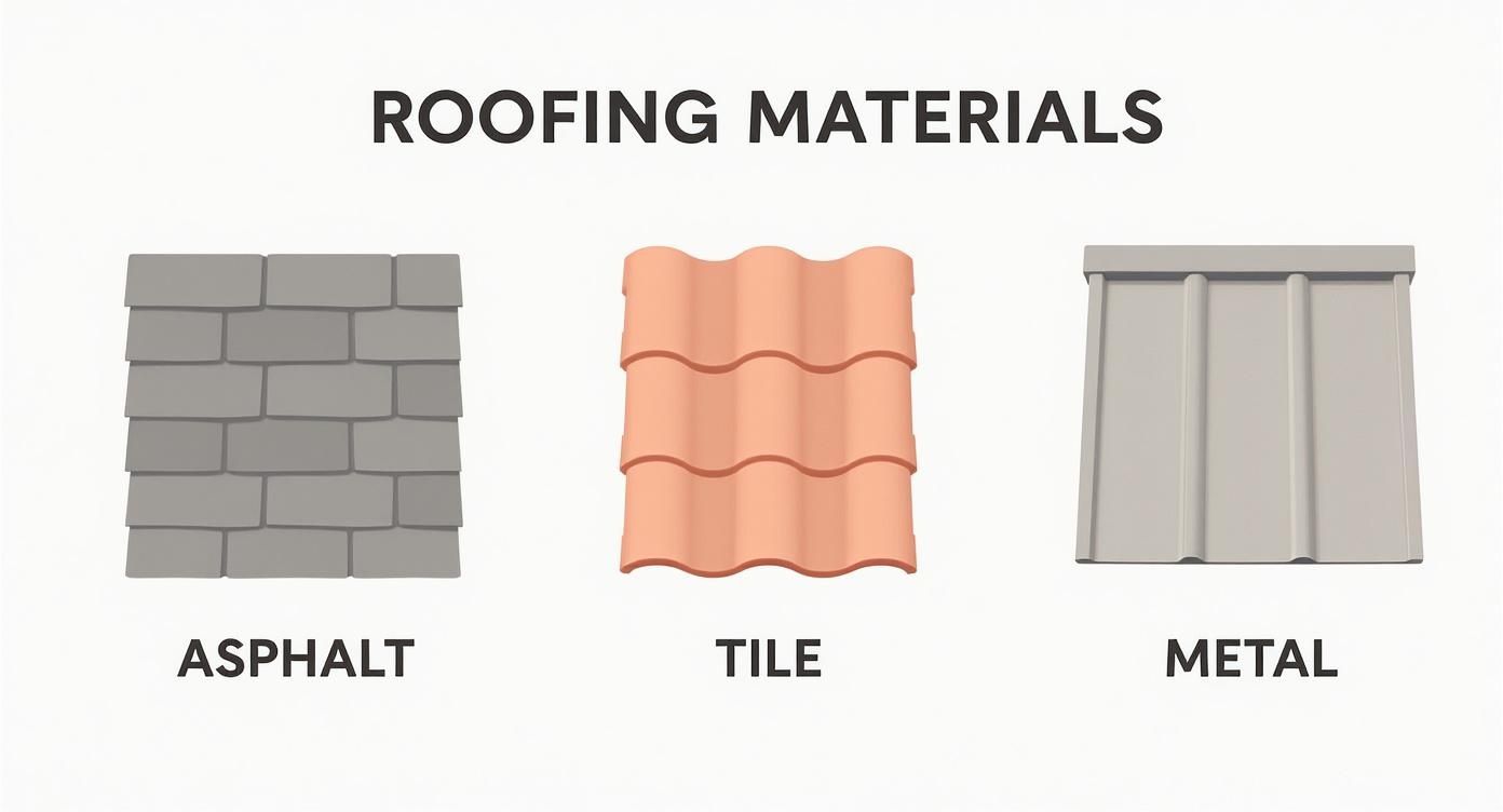 Three common roofing materials shown: gray asphalt shingles, terracotta tile, and silver metal panels
