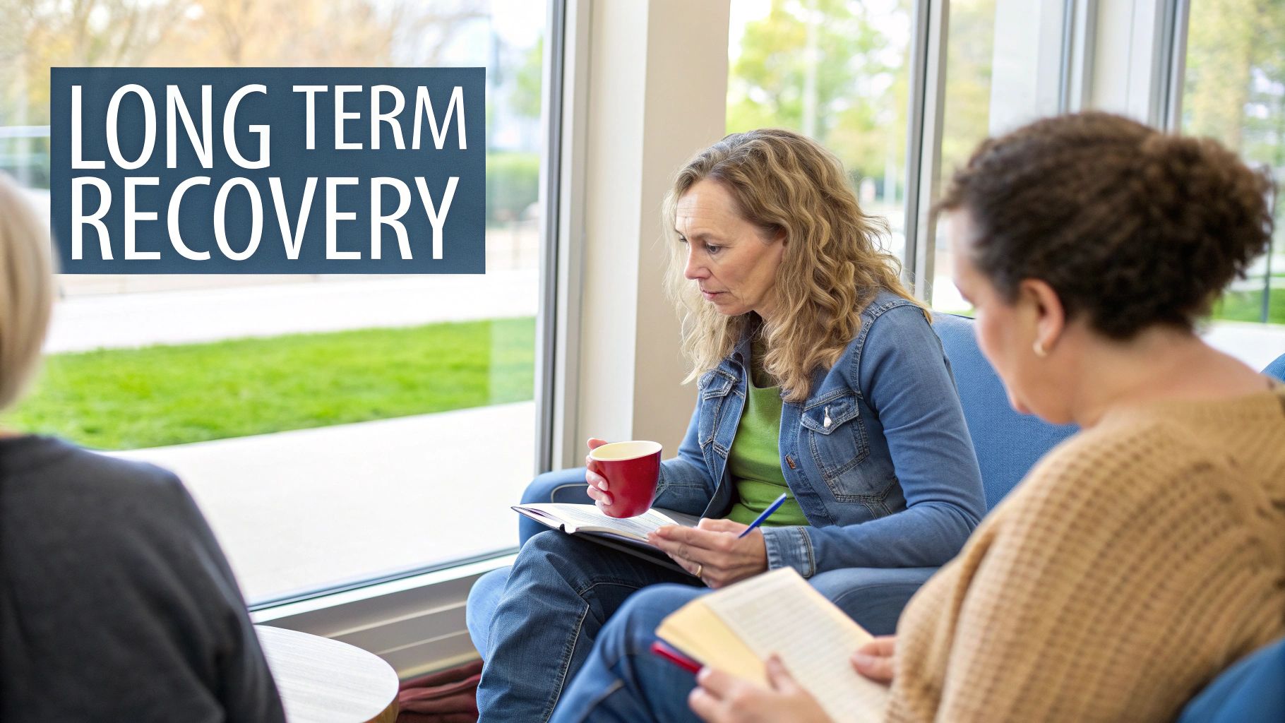 A group of people sitting in a circle, offering each other support during a therapy session.