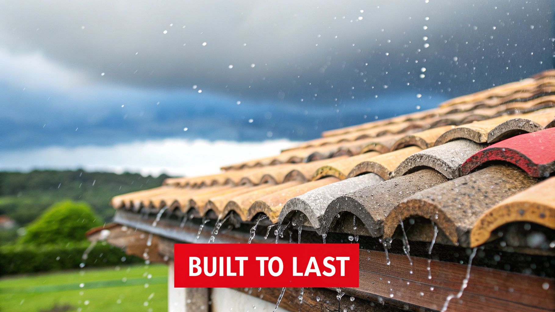 Close-up of traditional clay and concrete roof tiles during a rain shower, with water dripping.