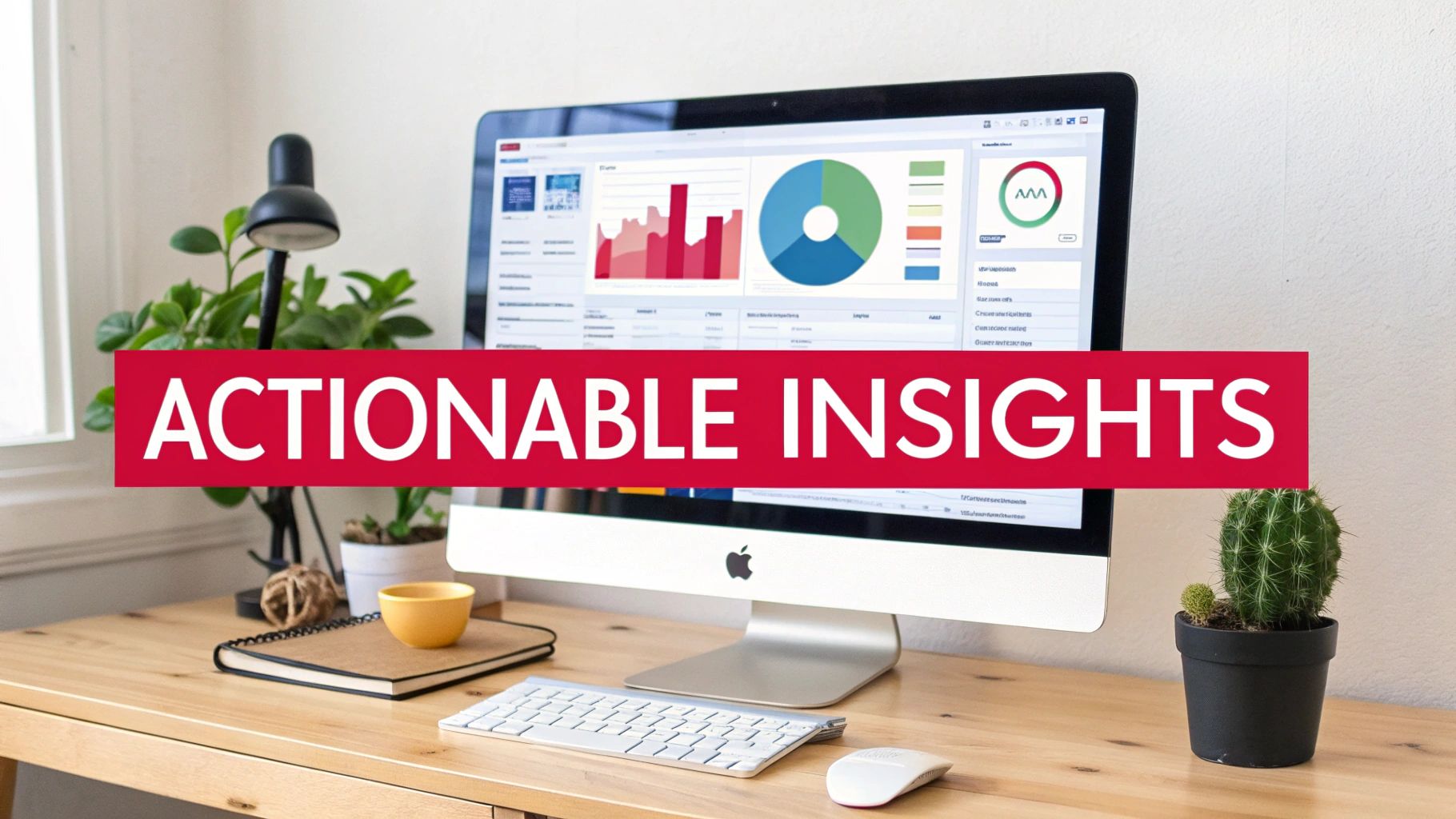 A computer screen displays data dashboards with charts, graphs, and a pie chart, highlighting actionable insights.
